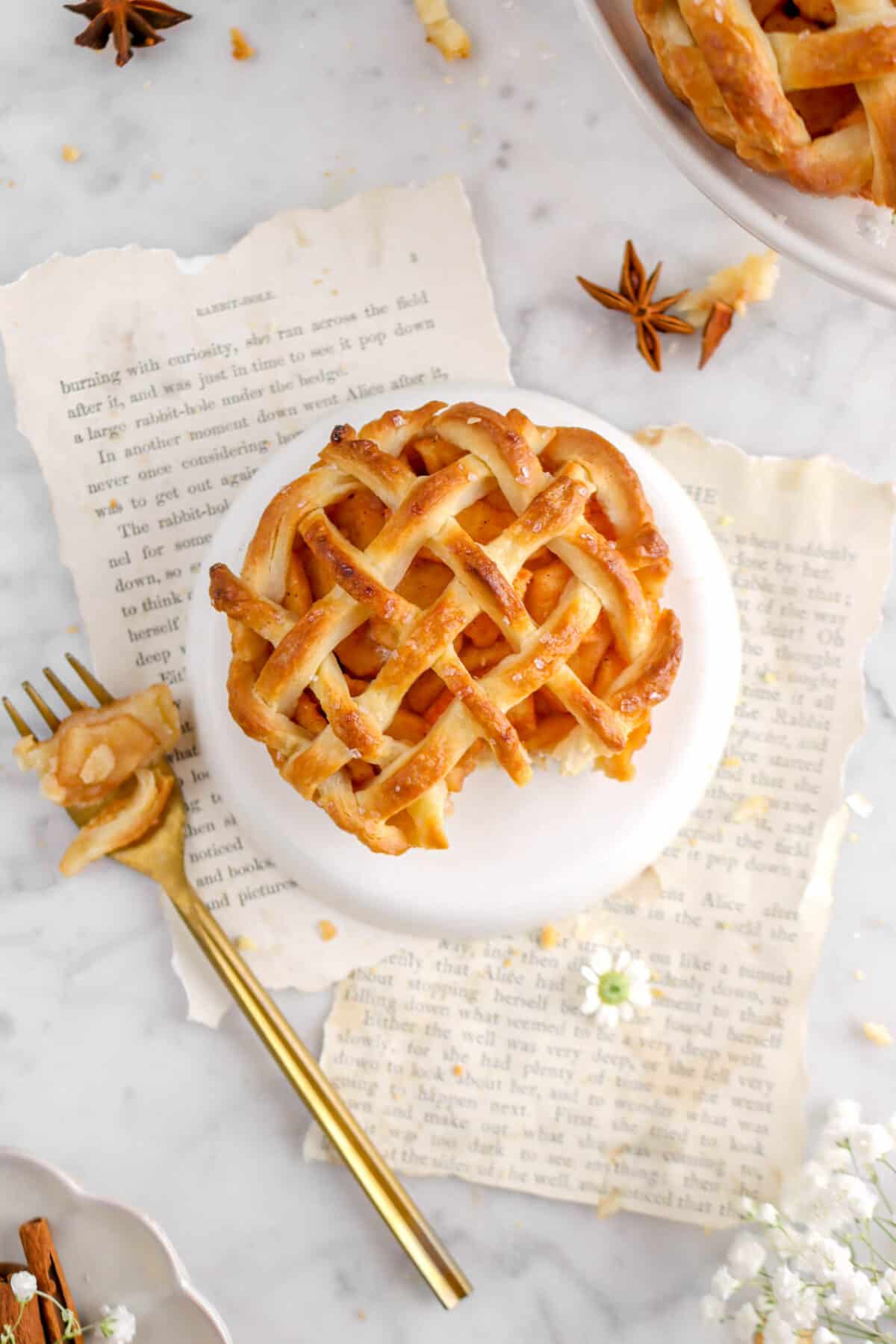 flat lay of mini apple pie missing a bite on plate with book pages, flowers, and star anise pods