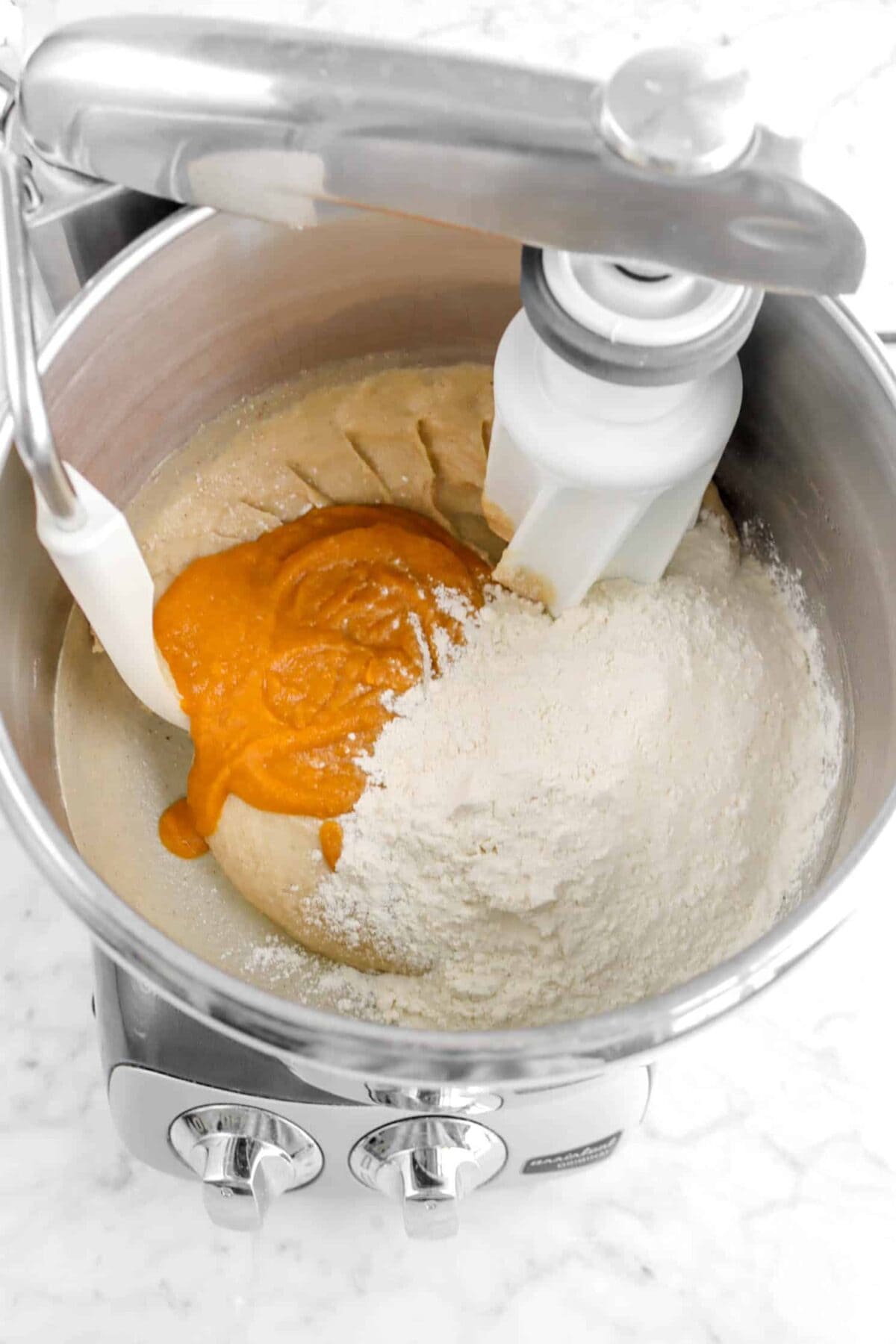 pumpkin and flour added to dough