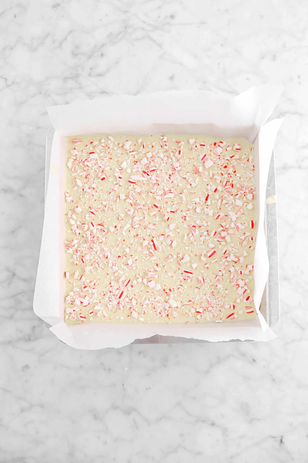 crushed candy canes sprinkled on top of white chocolate