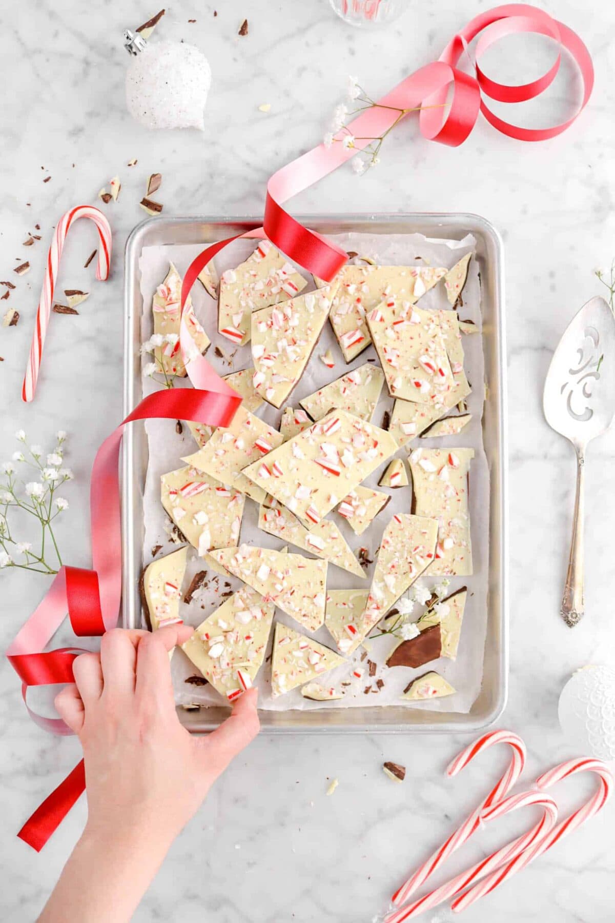 hand grabbing piece of peppermint bark with red ribbon, candy canes, white ornaments, and flowers