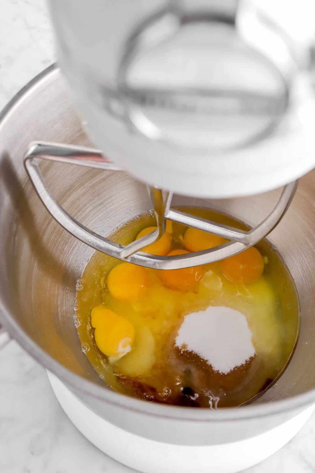 eggs, sugar, and vanilla in mixer