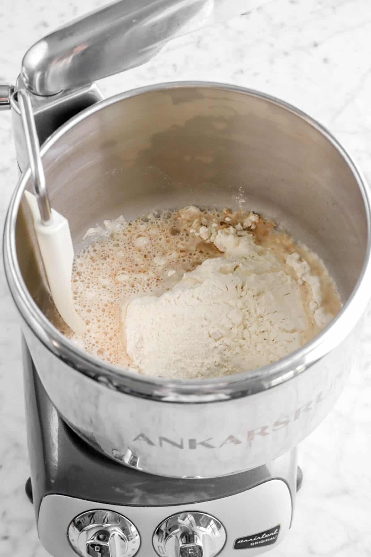 flour and water in mixer