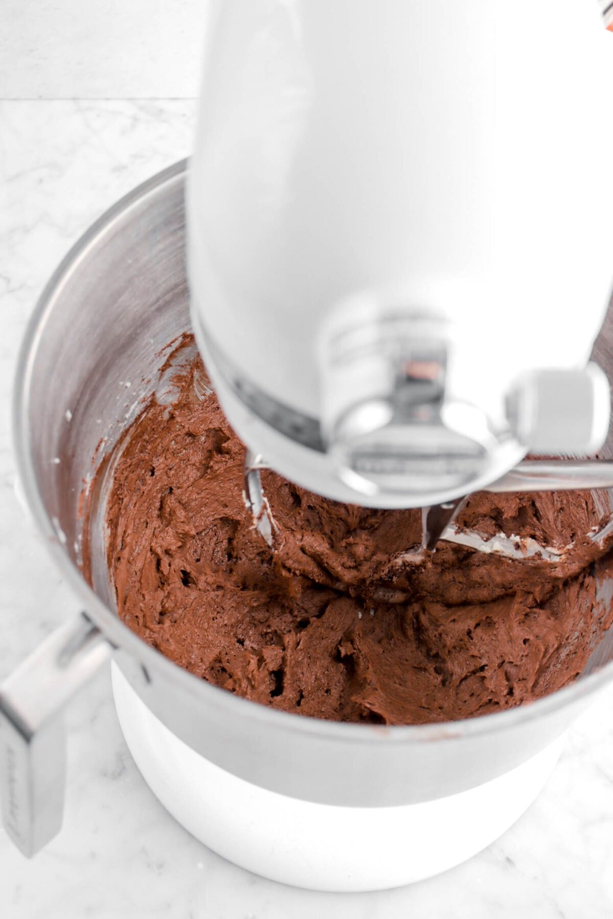 chocolate and butter mixture in stand mixer