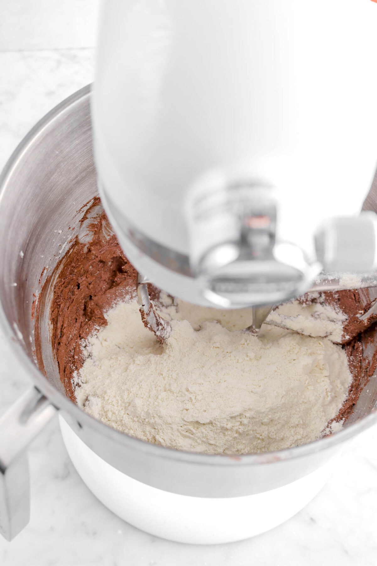 dry ingredients added to chocolate mixture