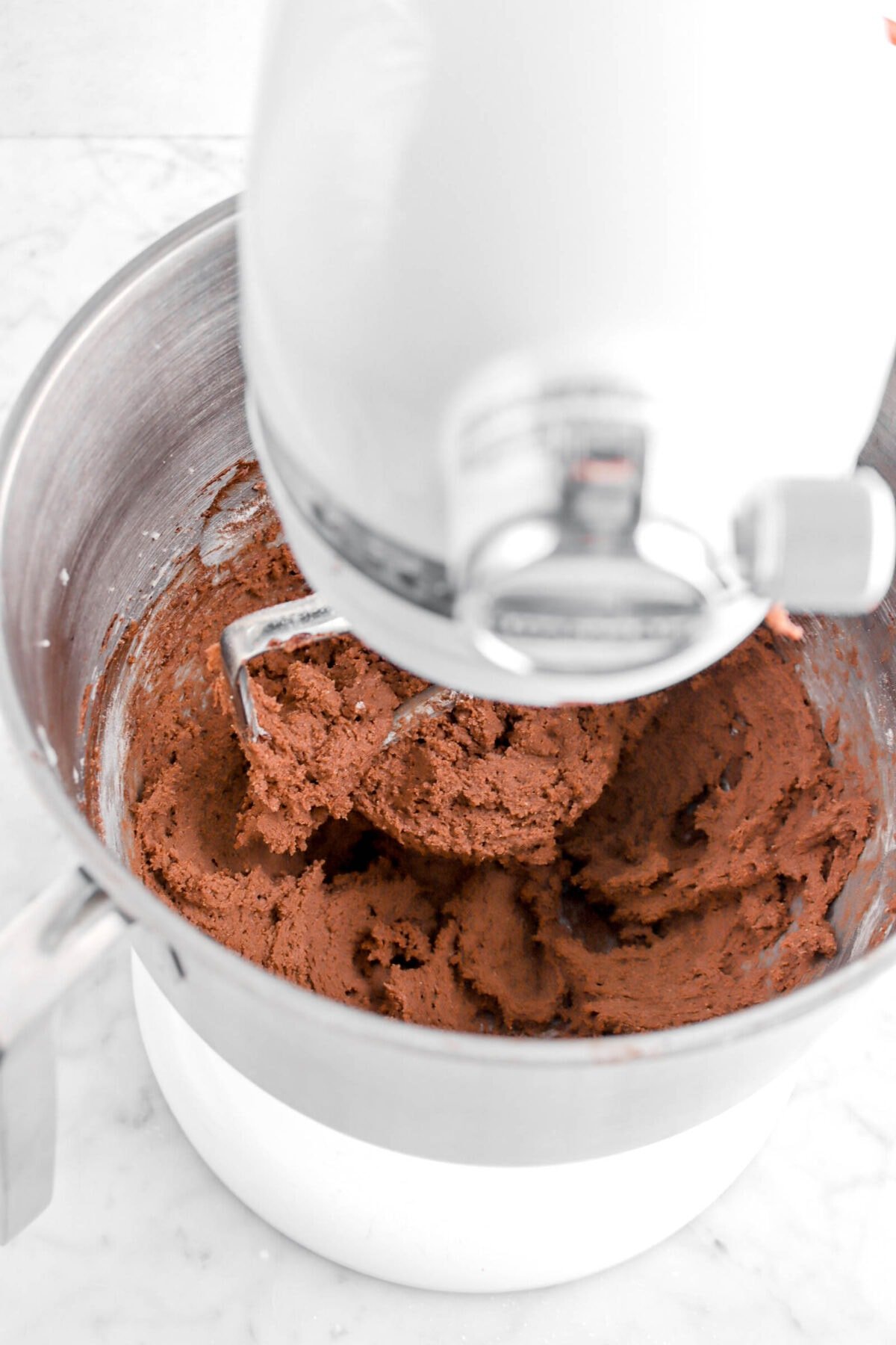 chocolate cookie dough in mixer