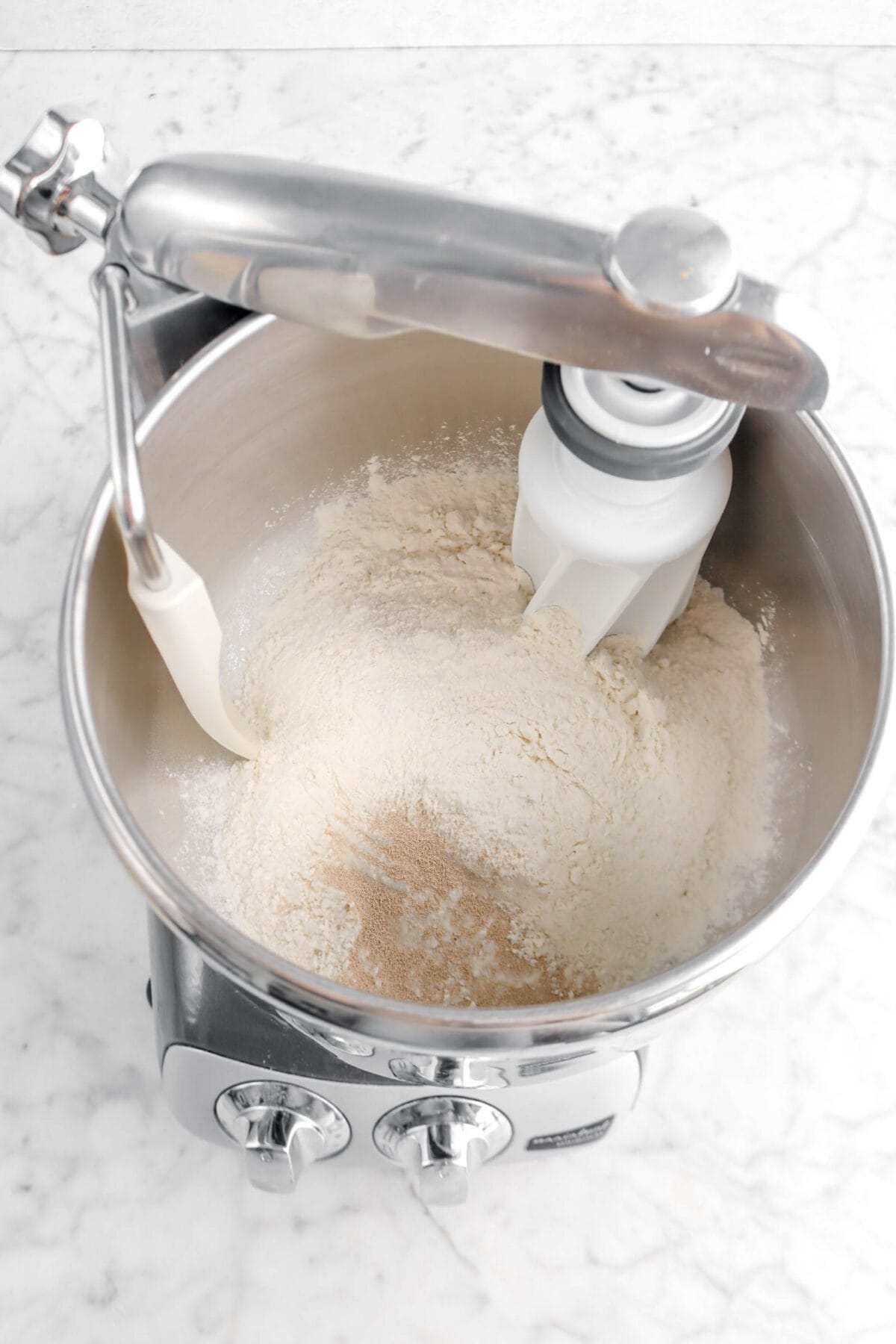 flour and yeast in mixer