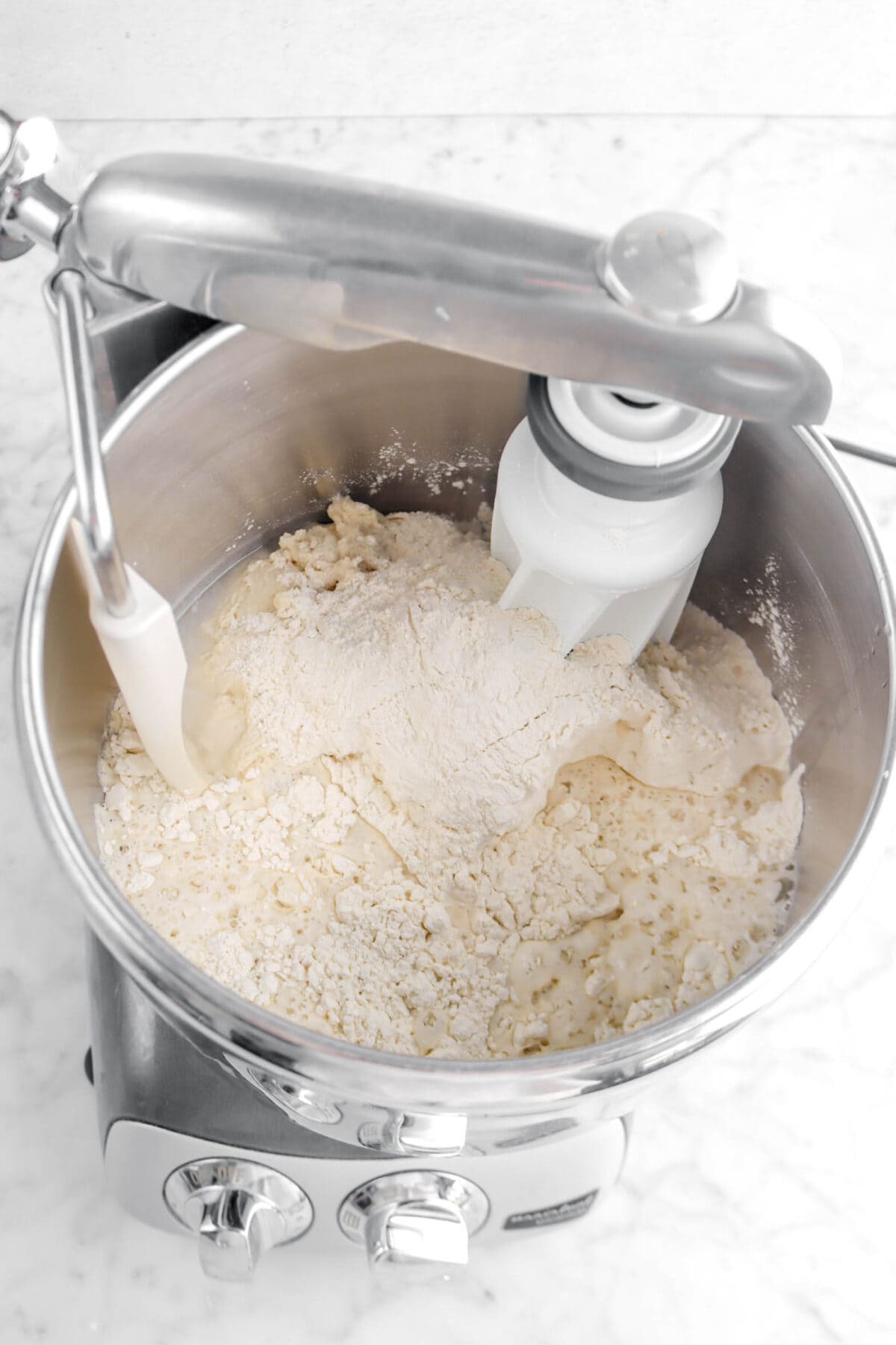 flour, water, biga, and salt in mixer bowl