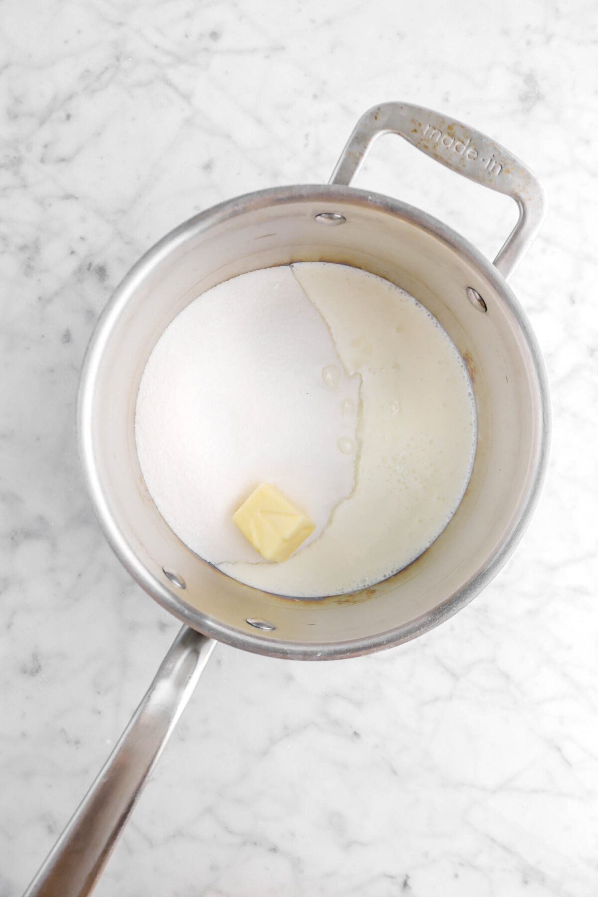 butter, sugar, and buttermilk in a pot
