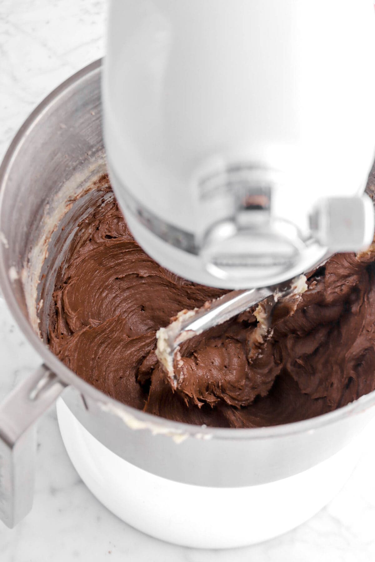 chocolate cake batter in mixer