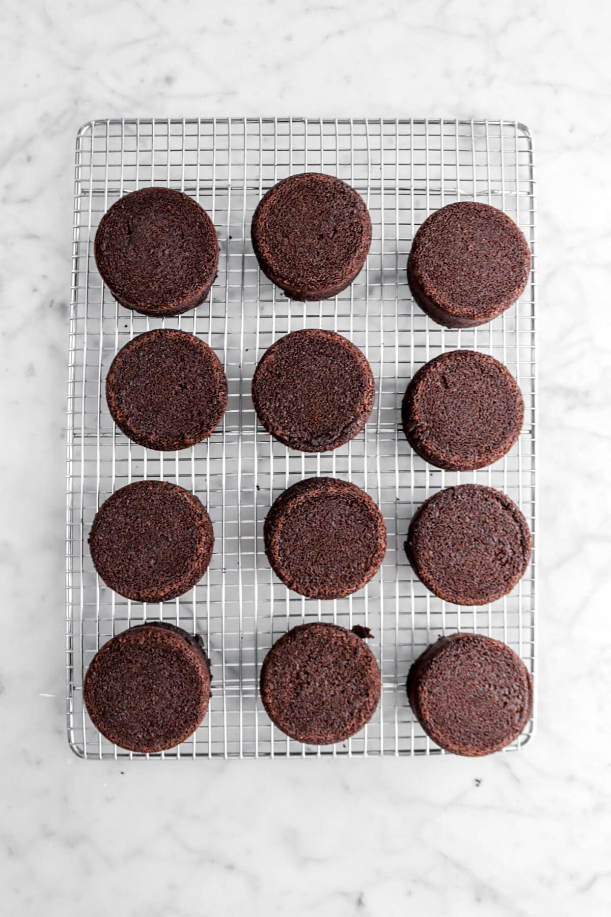 twelve small chocolate cakes on cooling rack