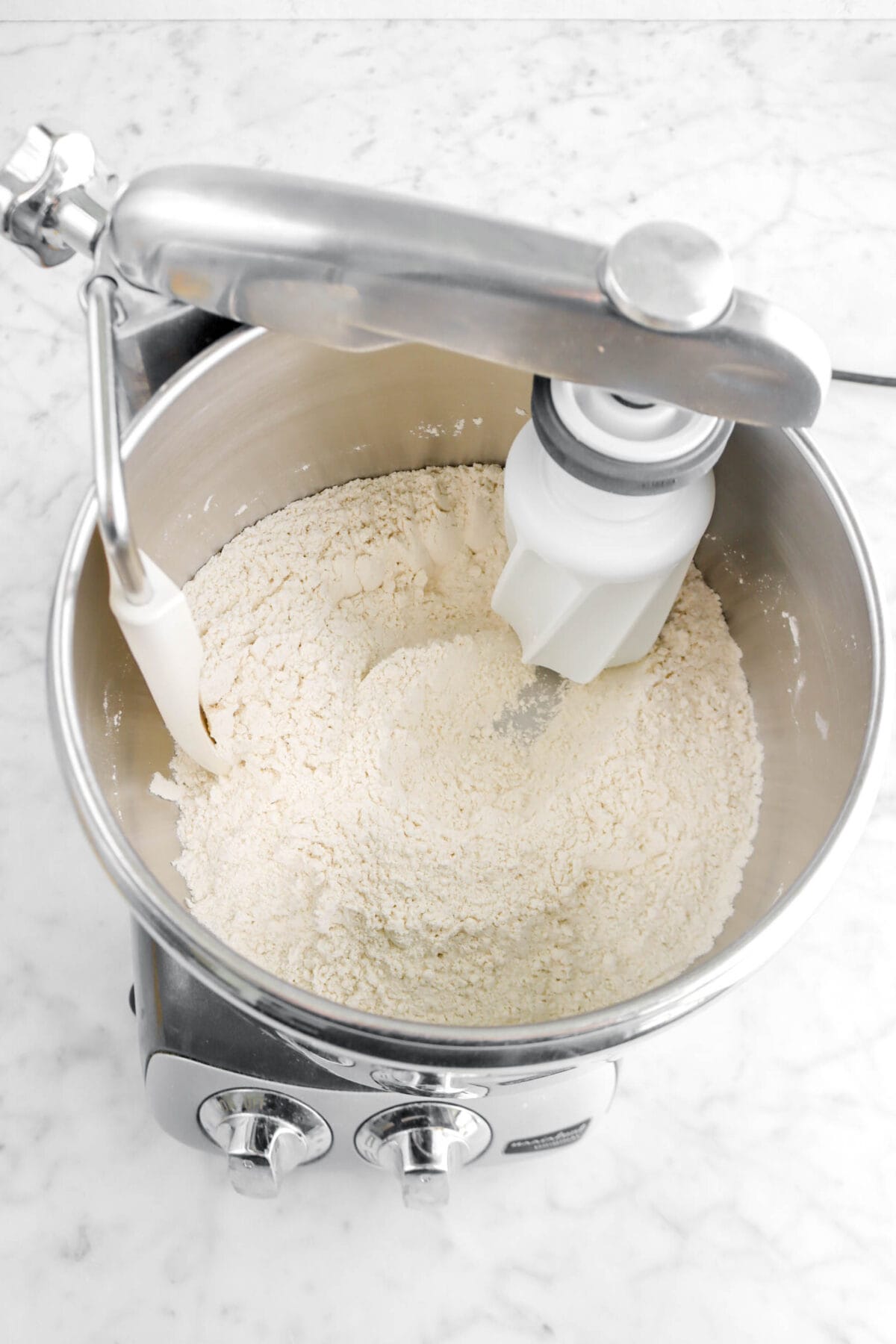 dry ingredients stirred together in mixer bowl