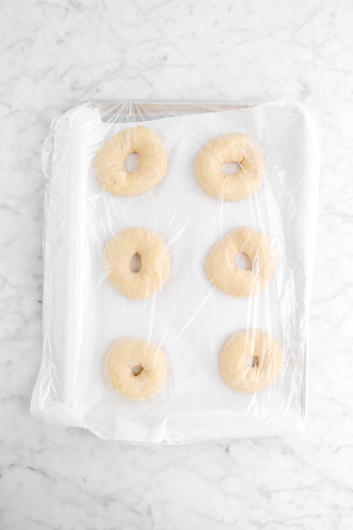 bagels covered with plastic wrap on lined sheet pan