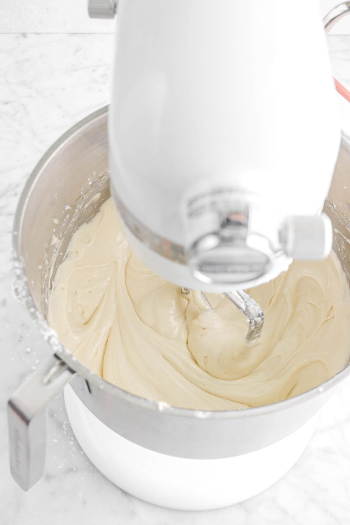 cake batter in stand mixer
