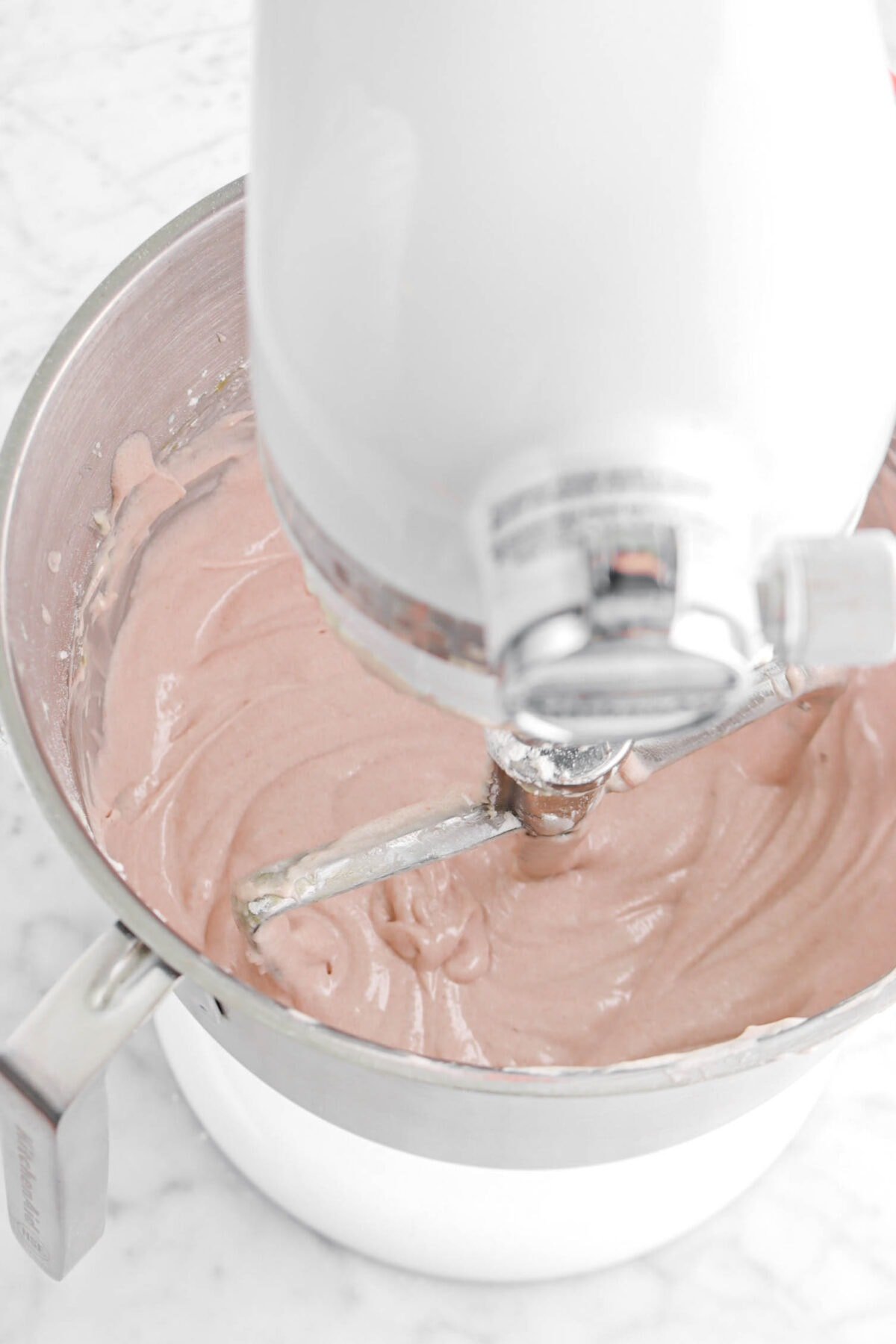 strawberry cake batter in mixer