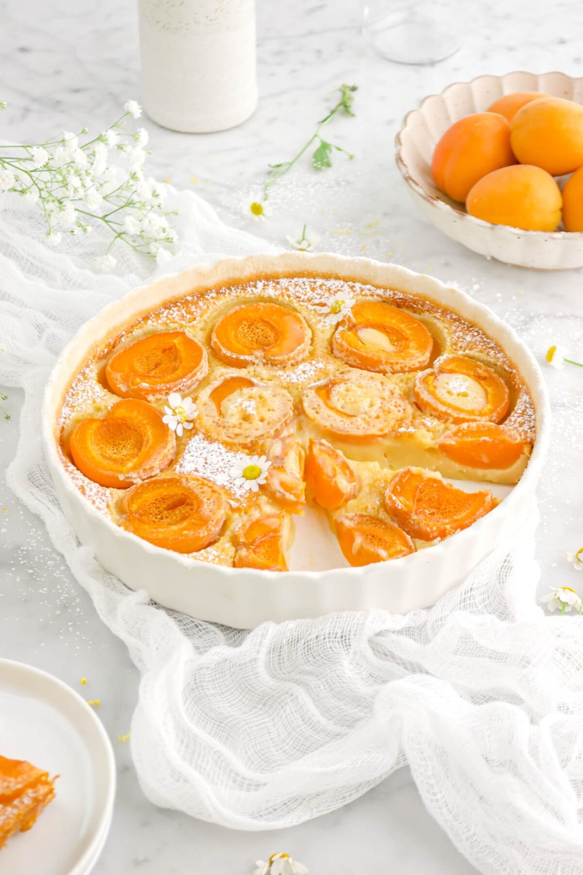 angled shot of apricot clafoutis on white cheese cloth with slice inside tart pan, with chamomile flowers, and powdered sugar on top