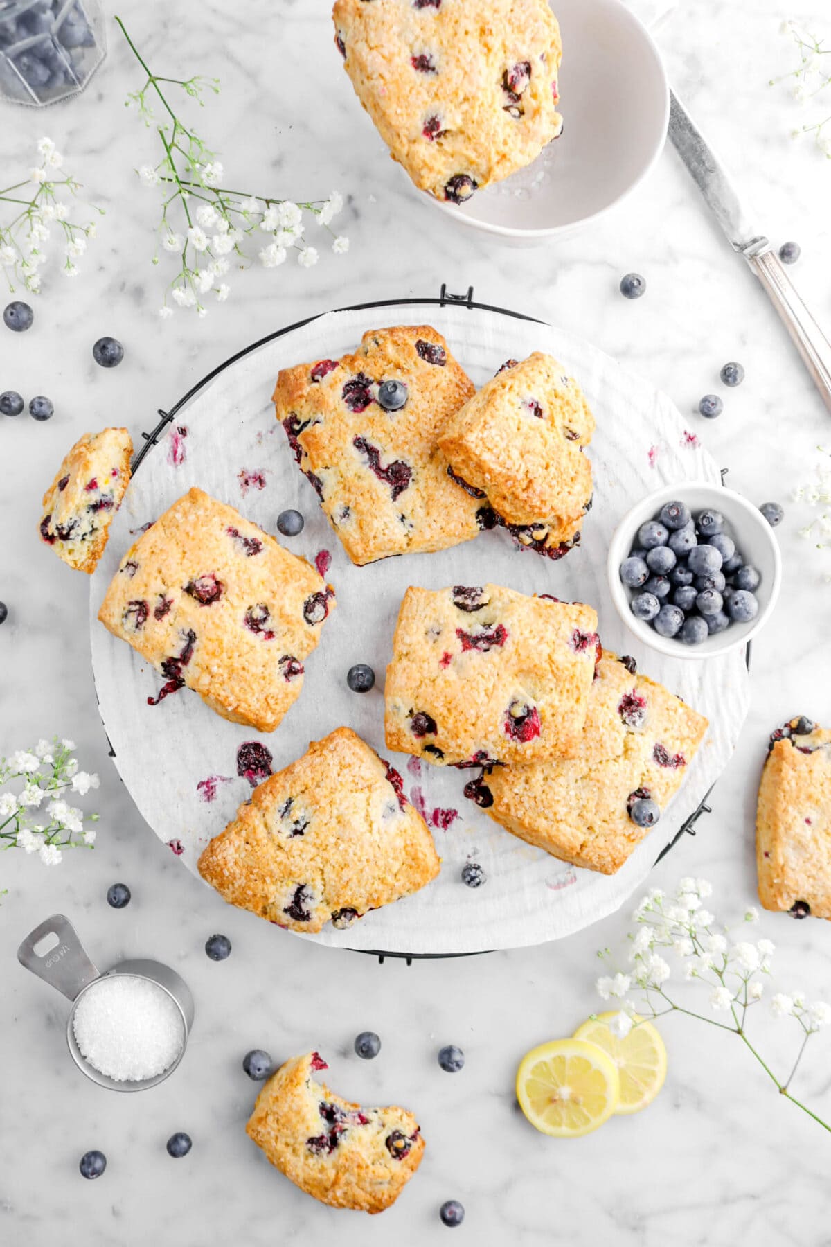 overhead shot of lemon blueberry scones on wire cooling rack with four more scones aound, blueberries, cup of decorative sugar, and white flowers