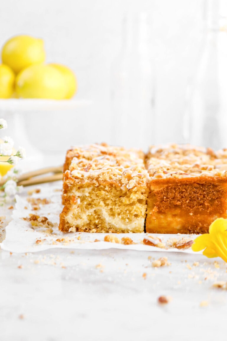 Lemon Buttermilk Coffee Cake with Lemon Cheesecake Filling and Almond Streusel