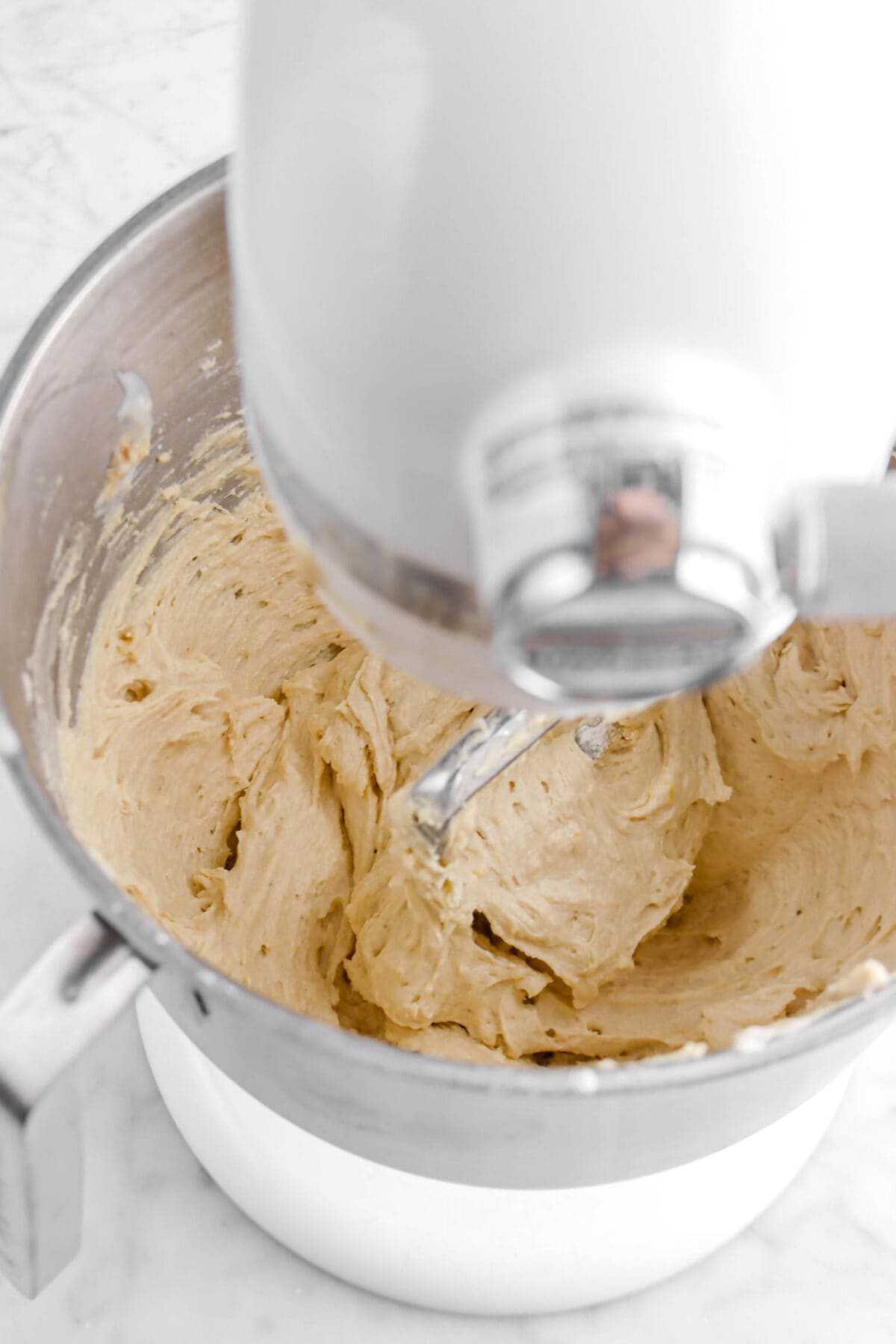thick lemon cake batter in stand mixer