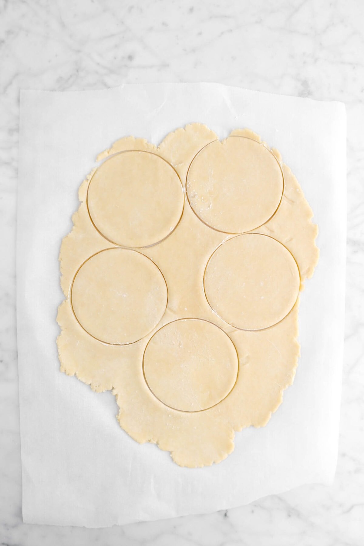 five circles cut into dough on parchment paper