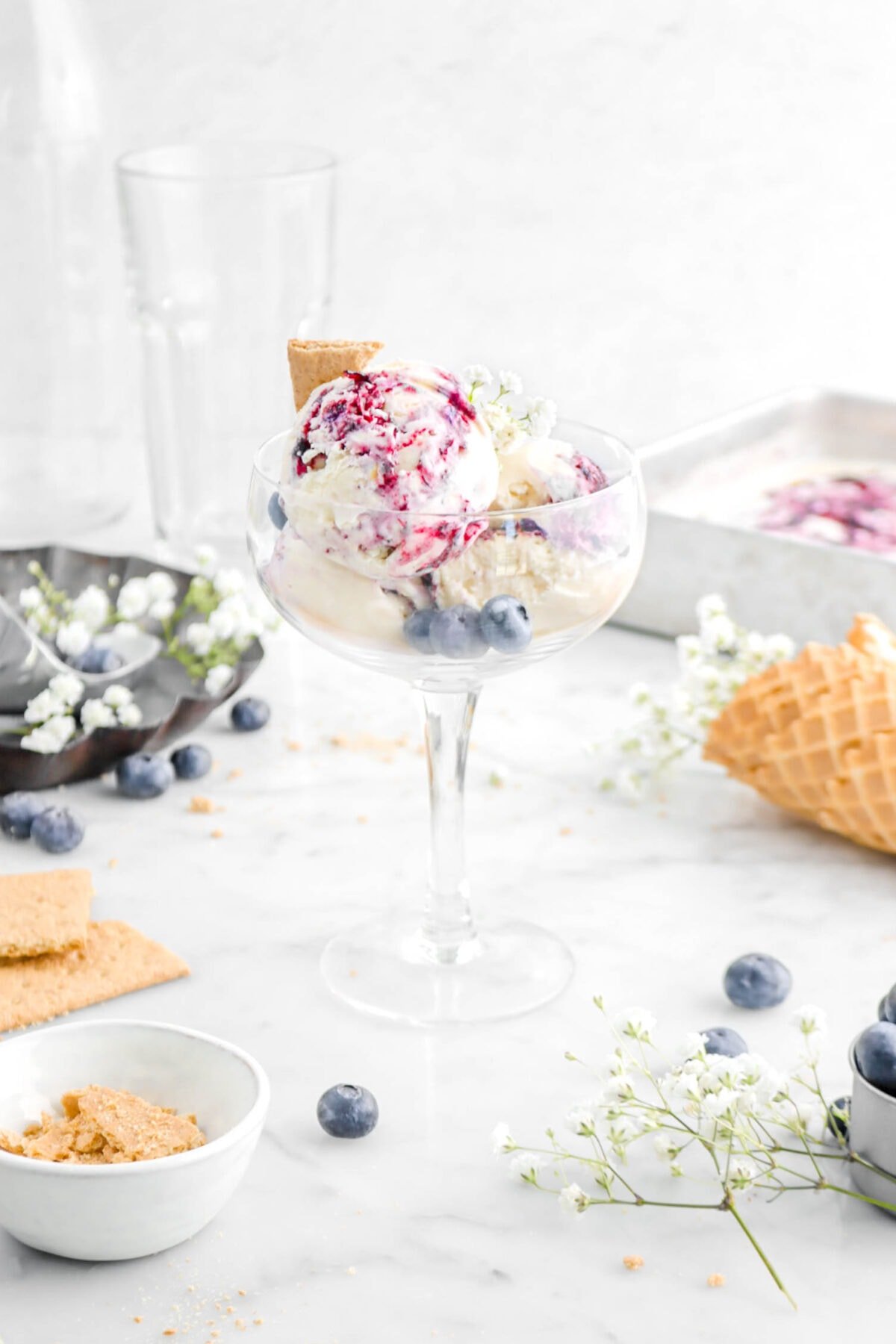 angled photo of coupe glass with four scoops of blueberry cheesecake ice cream with piece of graham cracker, white flowers, and blueberries on top, with blueberries, pan of ice cream, and ice cream cones around