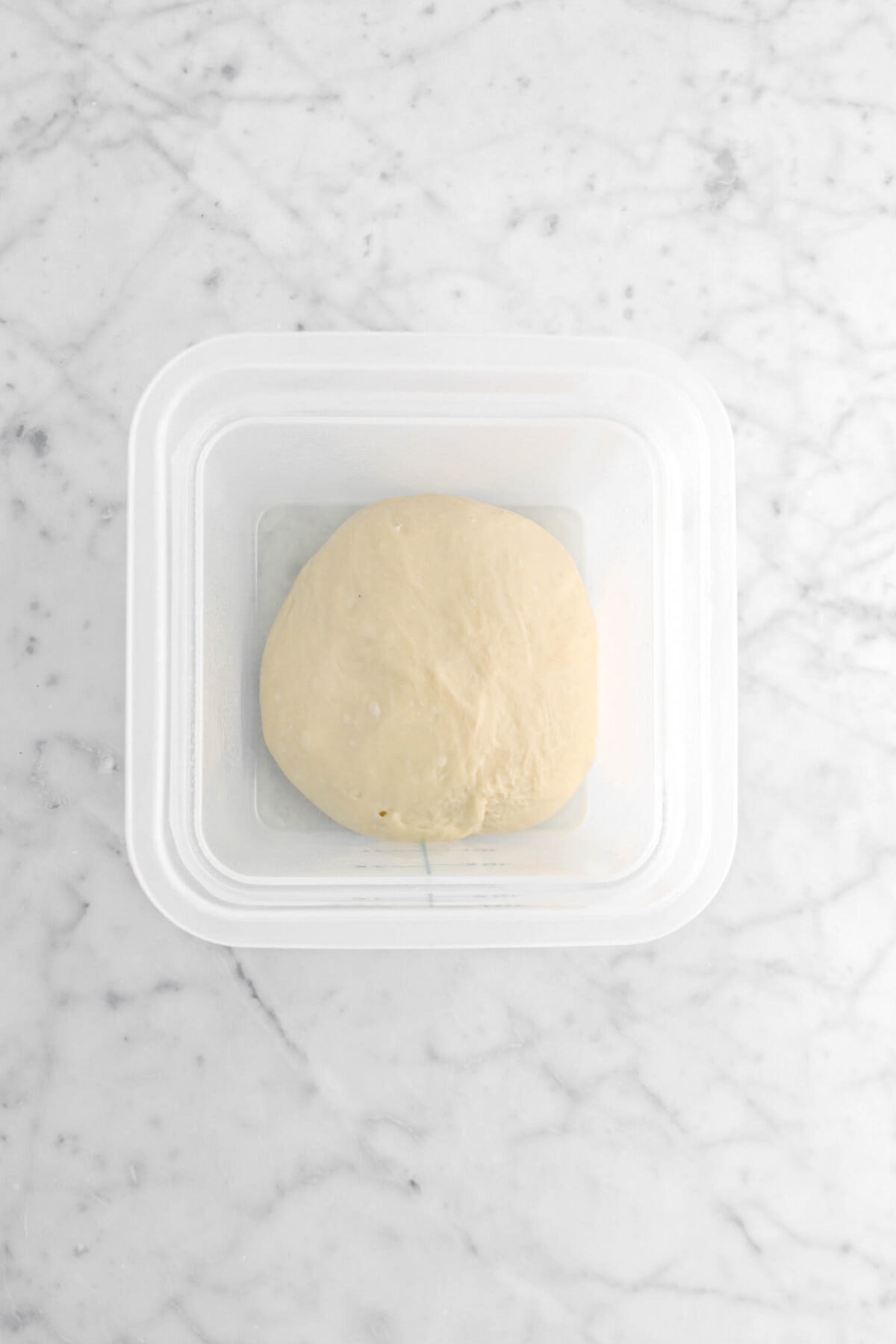 dough in plastic container on marble surface