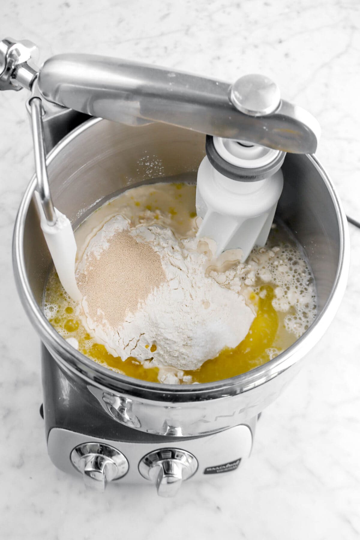 yeast, flour, salt, water, and olive oil in mixer