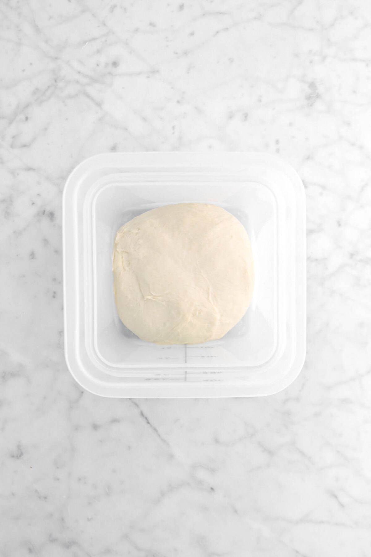 dough in plastic container on marble surface