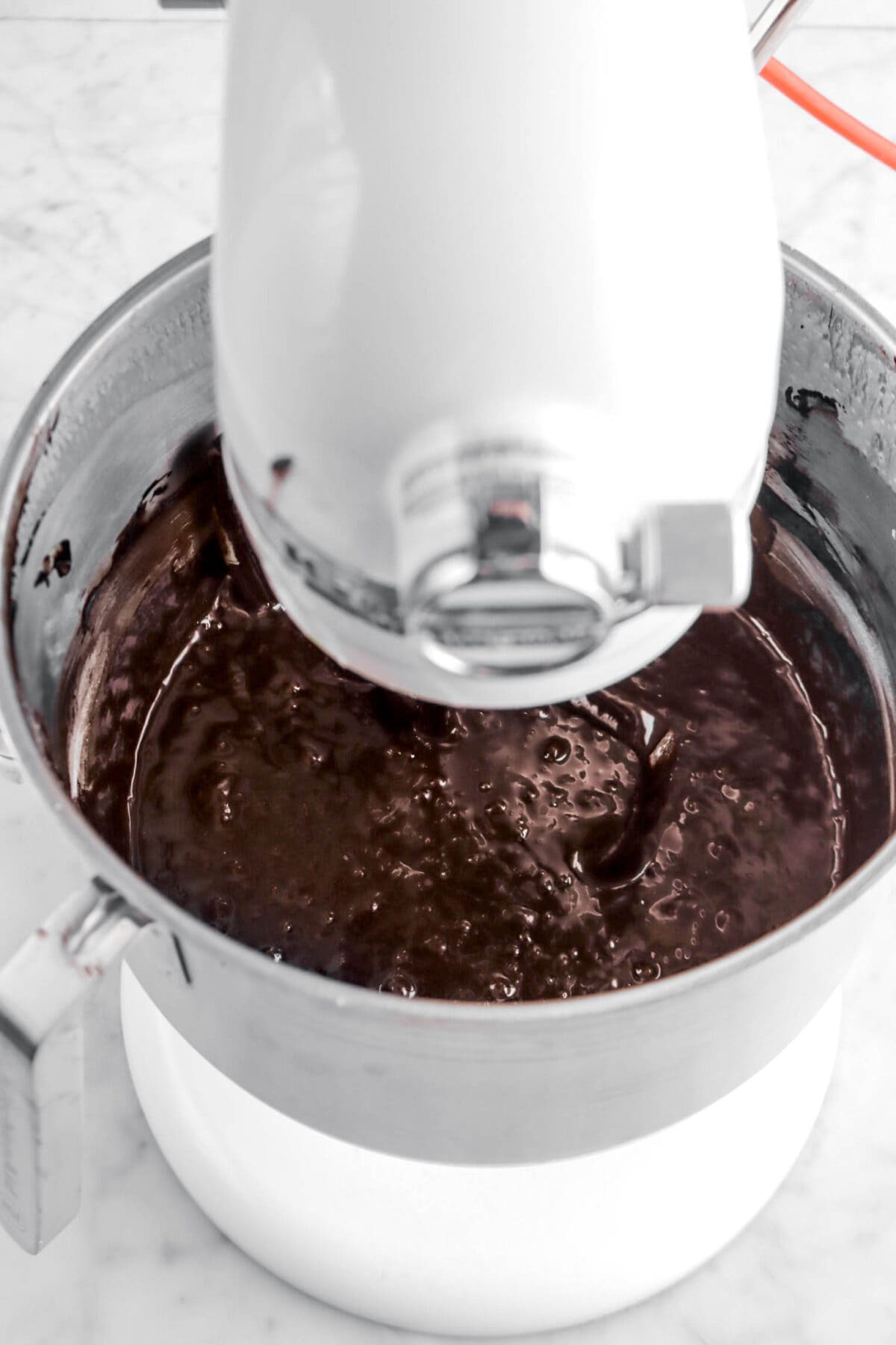 brownie batter in stand mixer.