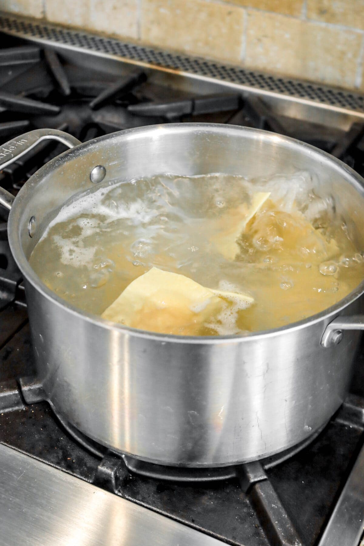 ravioli boiling in large pot of water.