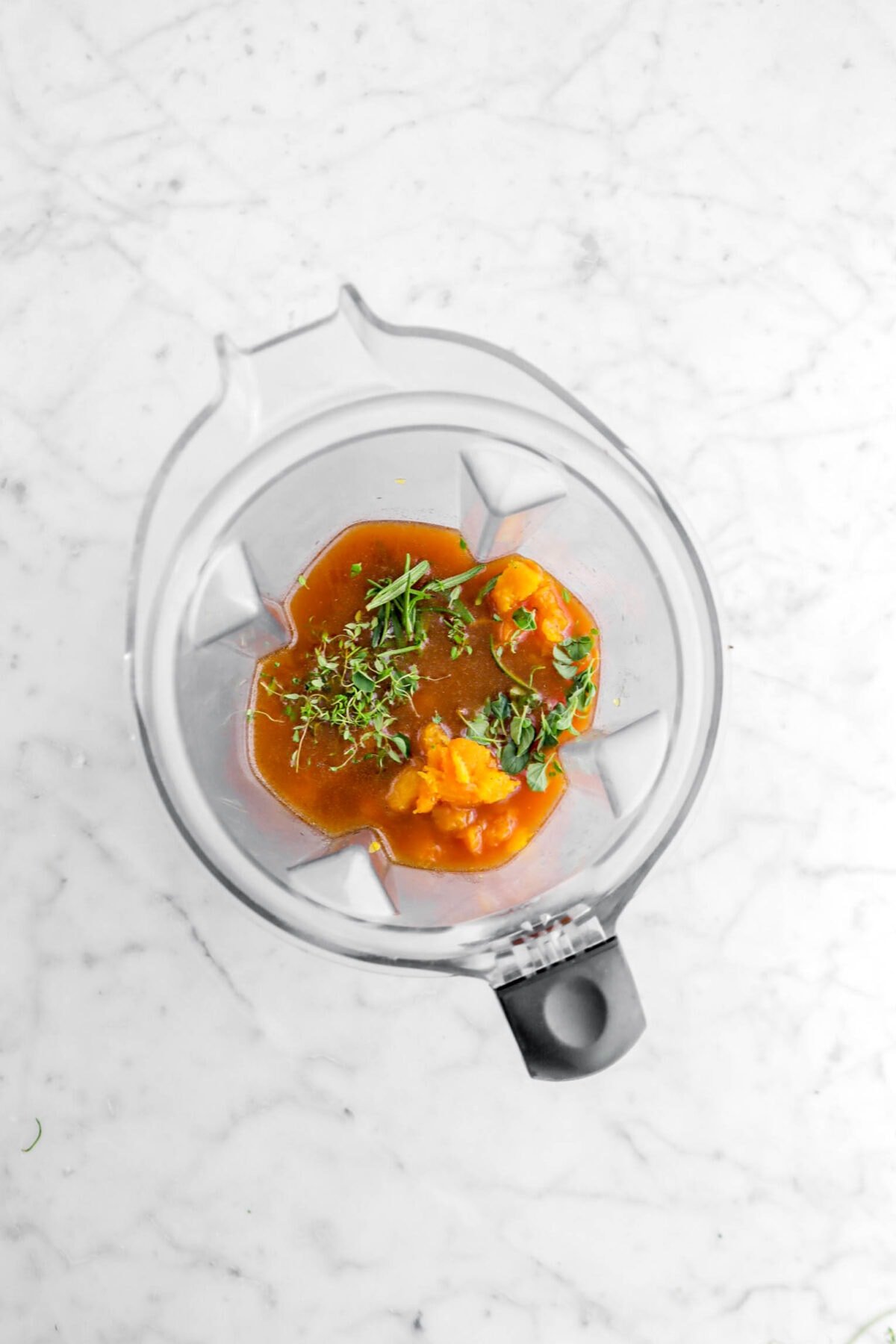 butternut squash, broth, and herbs in blender.