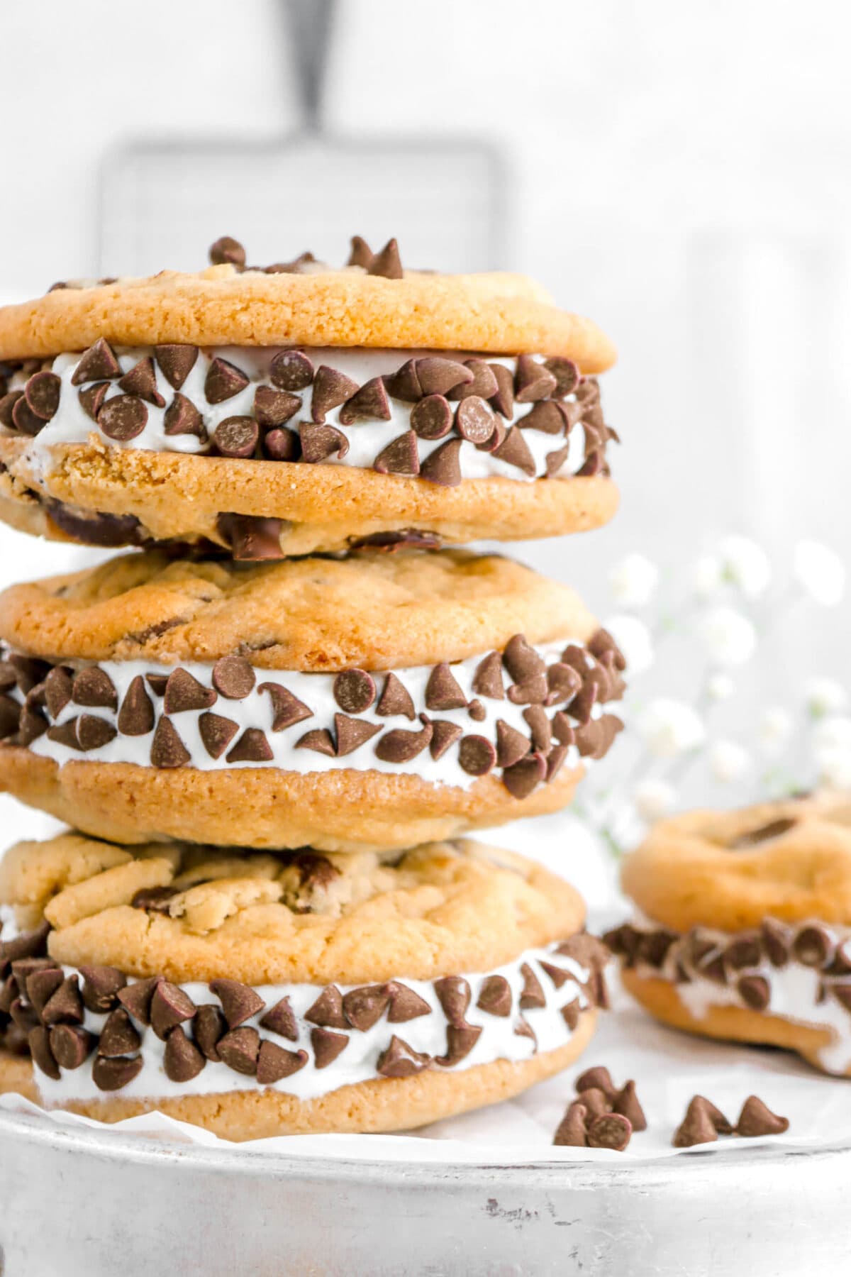 close up of three stacked ice cream sandwich cookies