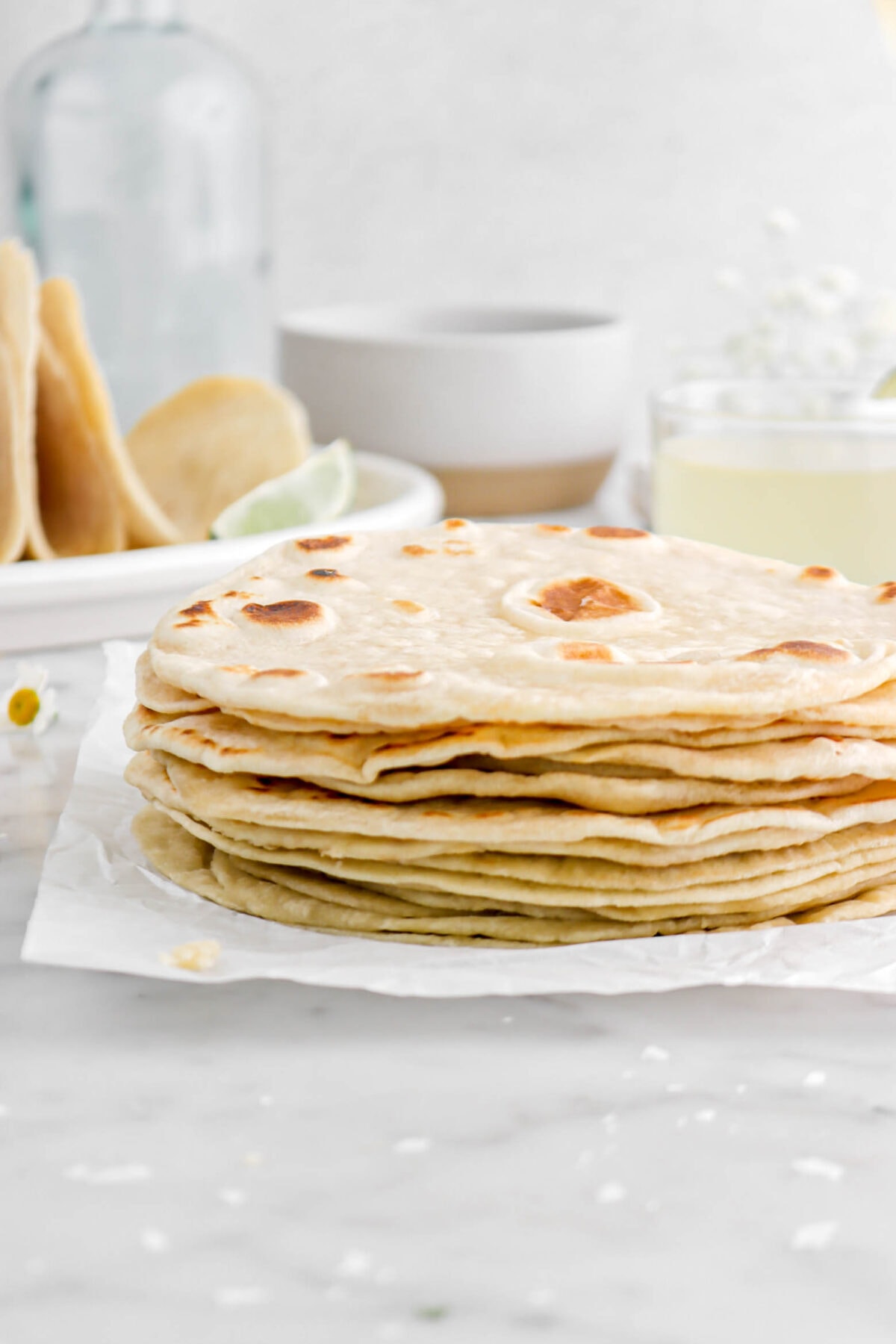 close up of stacked tortillas