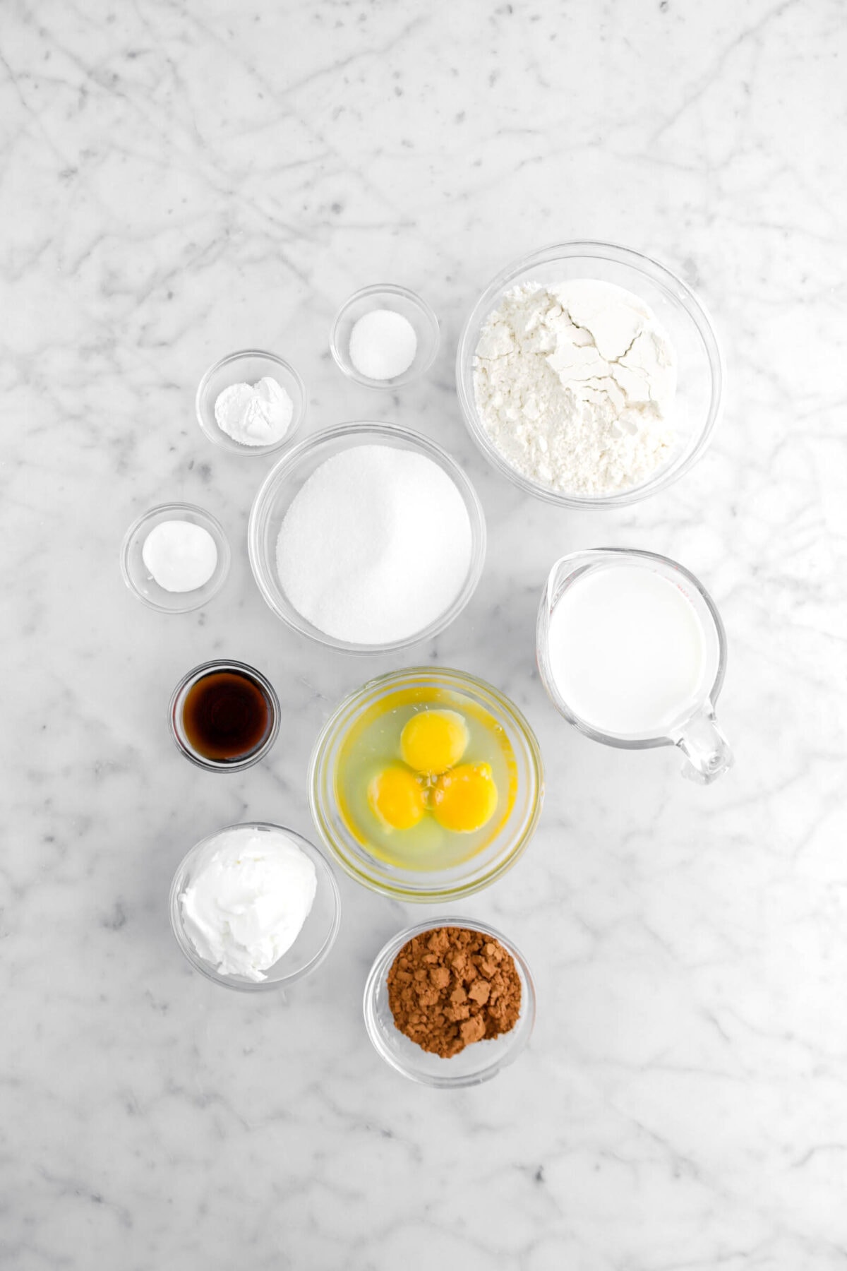 flour, salt, baking powder, baking soda, sugar, milk, eggs, vanilla, shortening, and cocoa powder