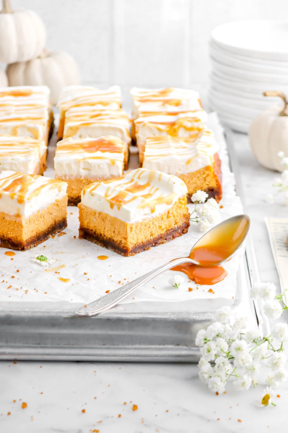 cheesecake bars on upside down sheet pan with spoon of caramel sauce beside, white flowers around, and small white pumpkins behind.