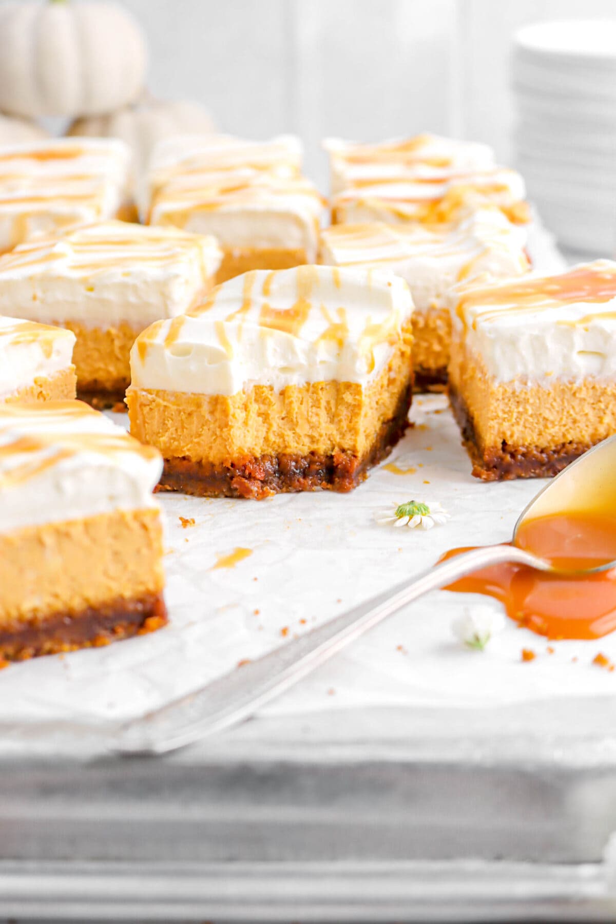 close up of pumpkin cheese cake bars with bite missing from one in the middle.