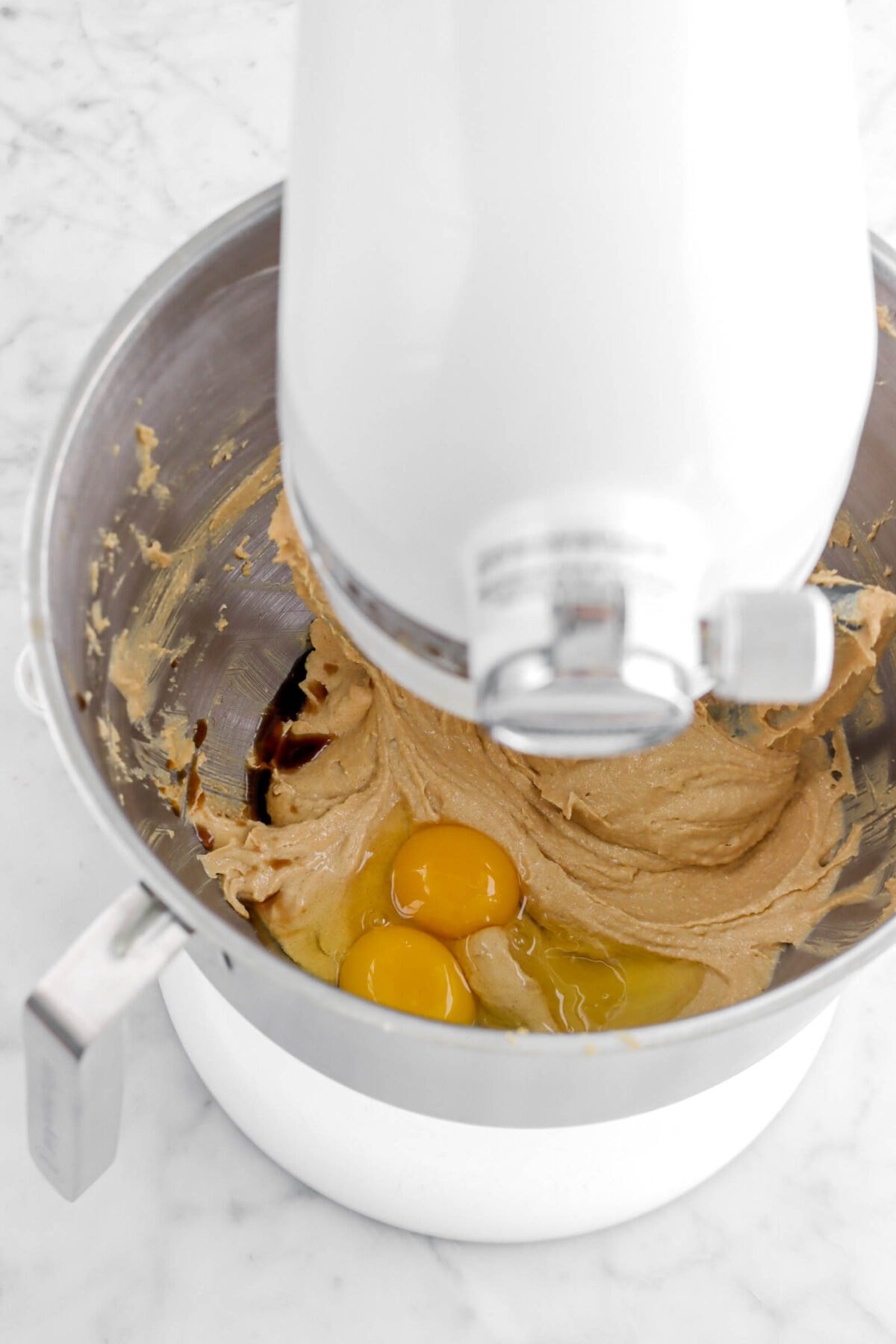 eggs and vanilla added to peanut butter mixture.