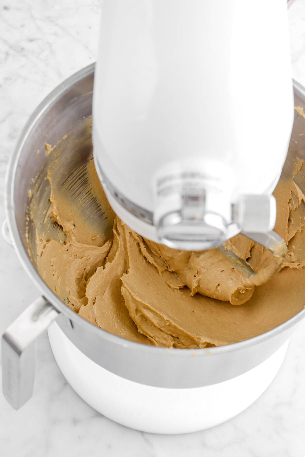 eggs and vanilla mixed into peanut butter mixture in stand mixer.