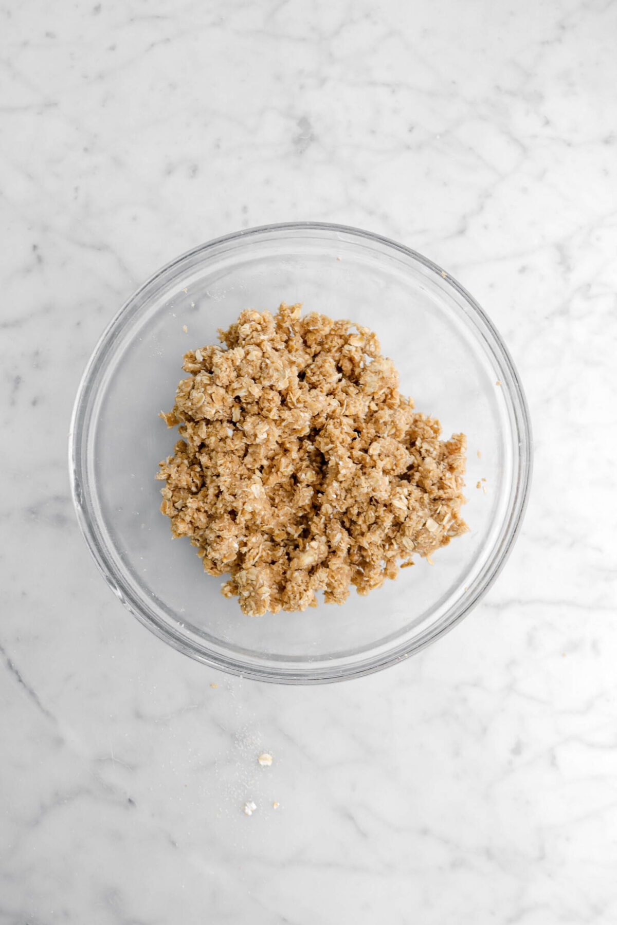 crumble topping in glass bowl.