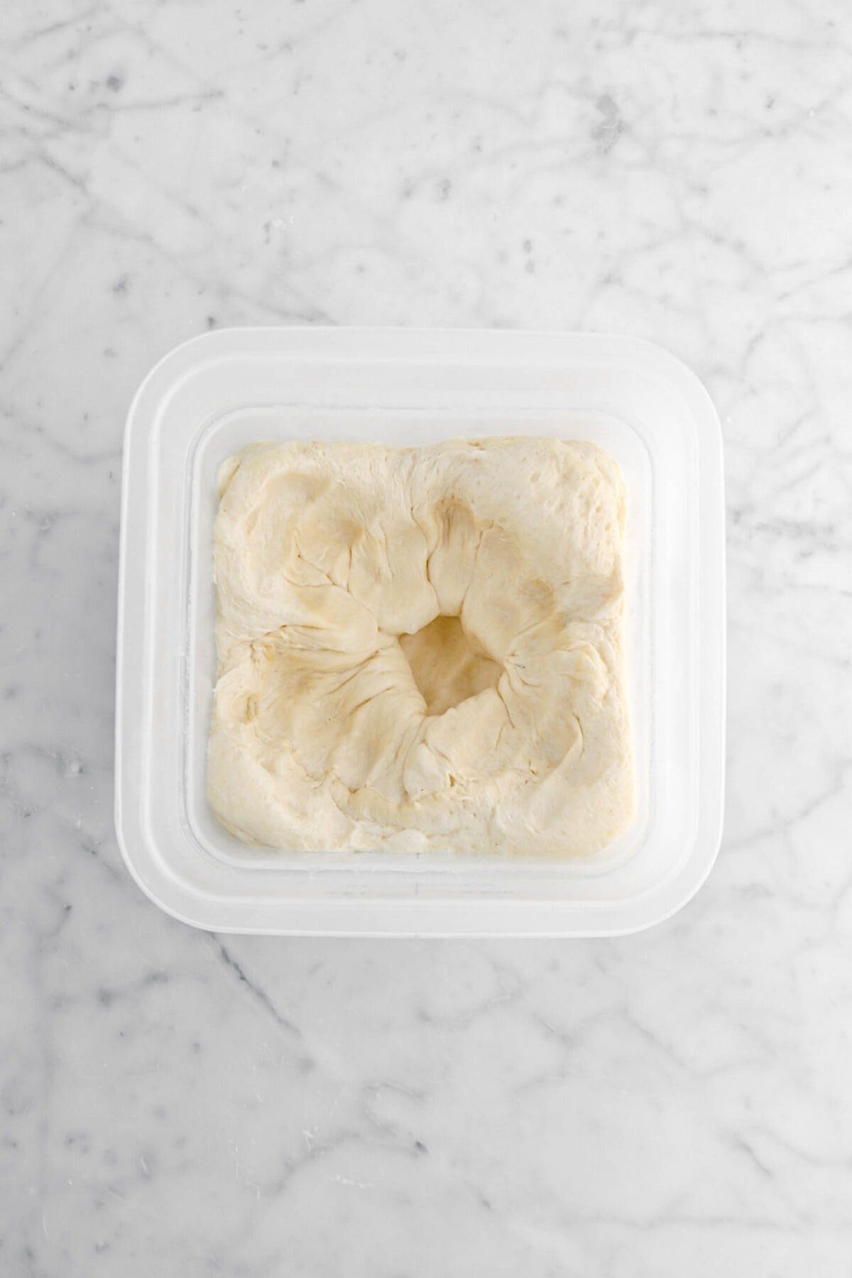 punched down dough in plastic container.