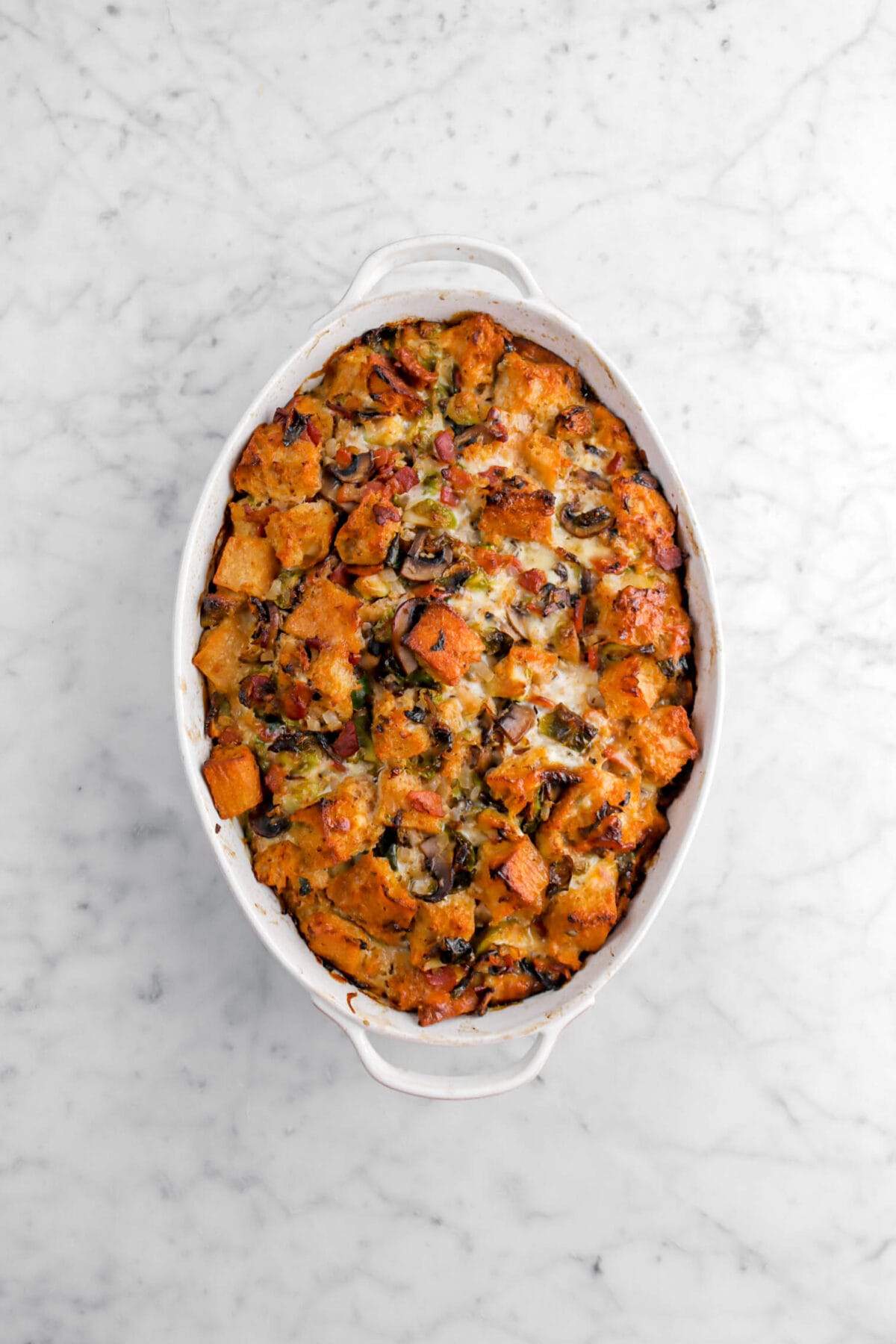 baked stuffing in oval casserole.