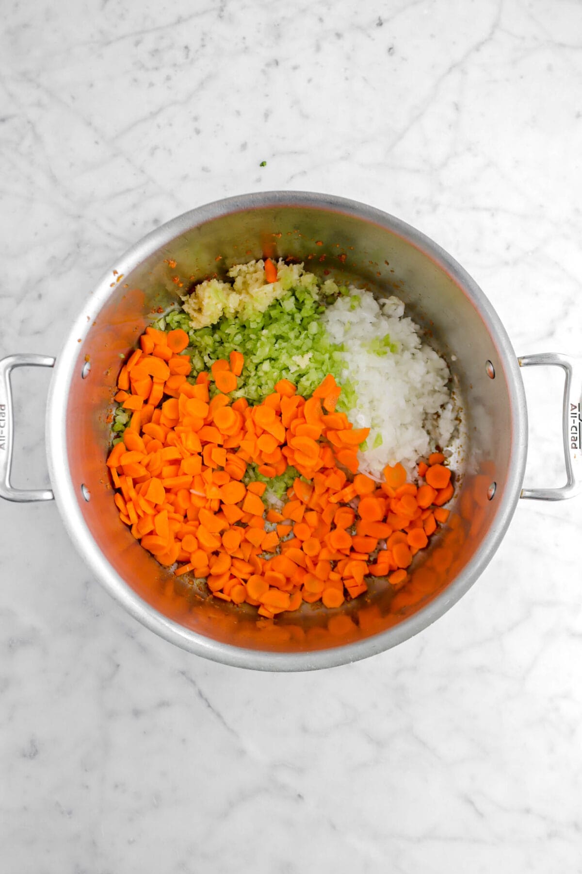 chopped vegetables in large stock pot.