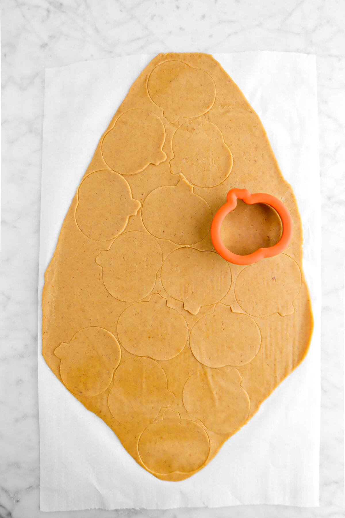 rolled out cookie dough with pumpkin shapes cut into the dough with pumpkin cutter on the cookie dough.