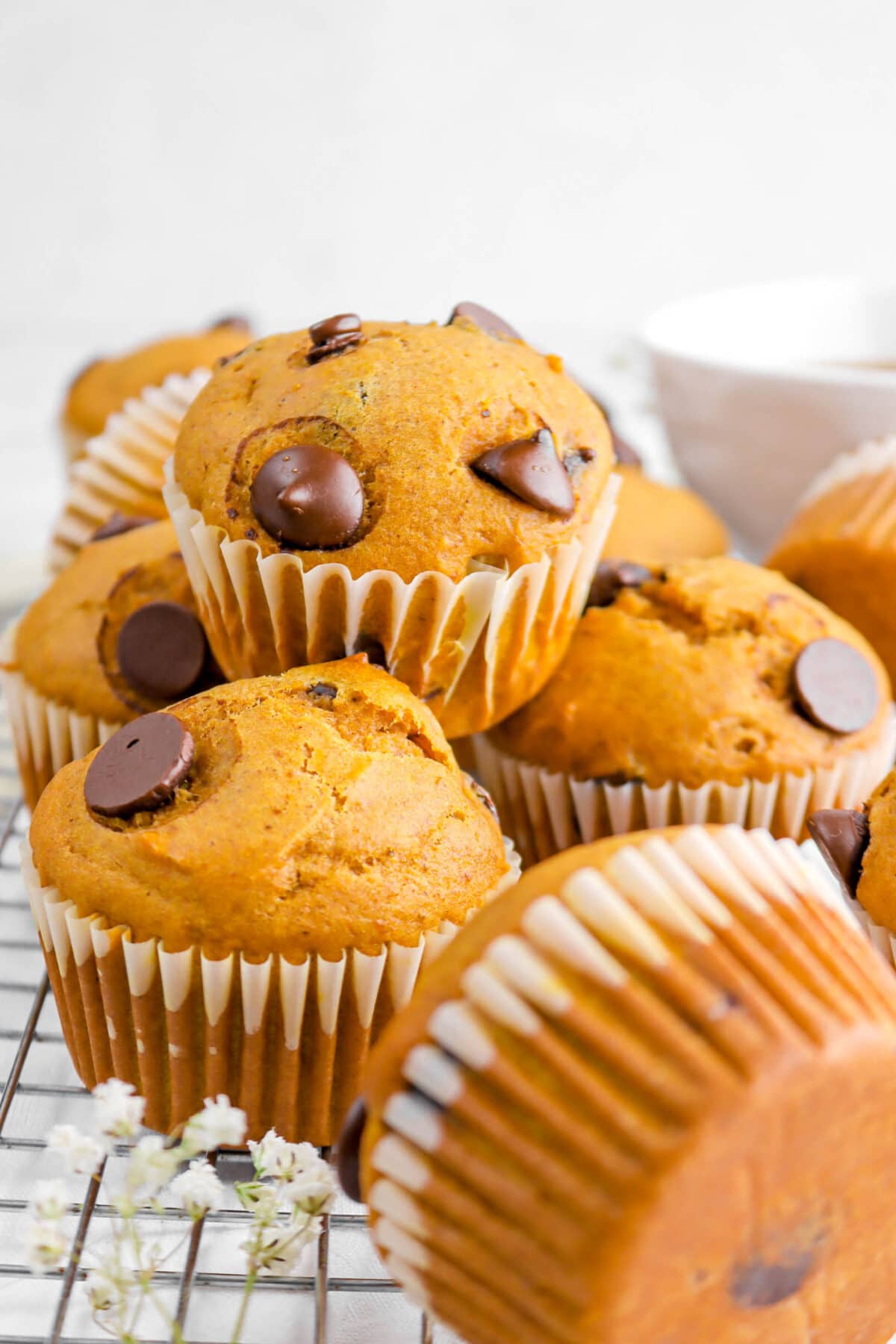 close up of piled pumpkin chocolate chip muffins on wire cooling rack.