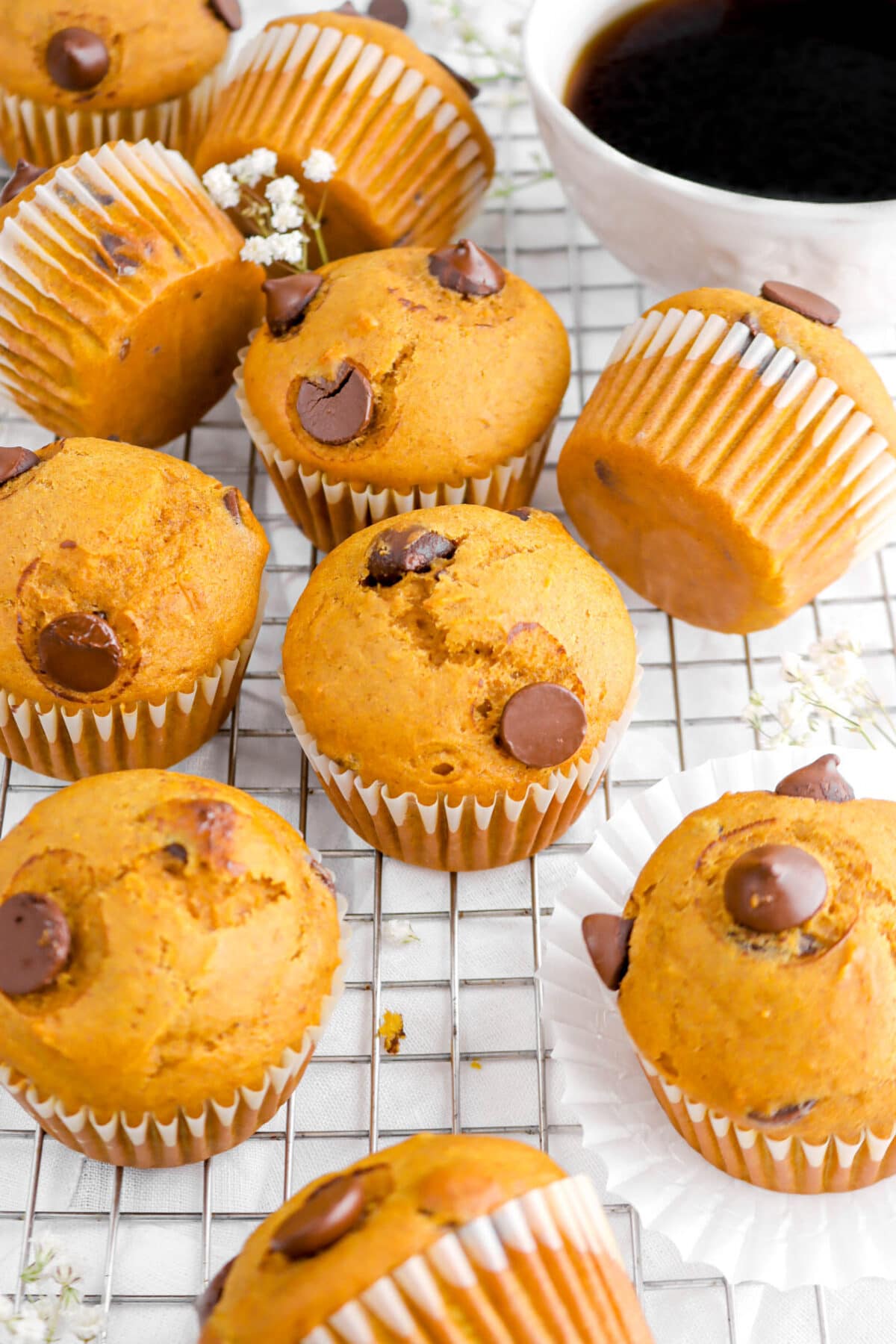 angled close up of pumpkin chocolate chip muffin with more muffins around, white flowers, and cup of coffee on wire cooling rack.