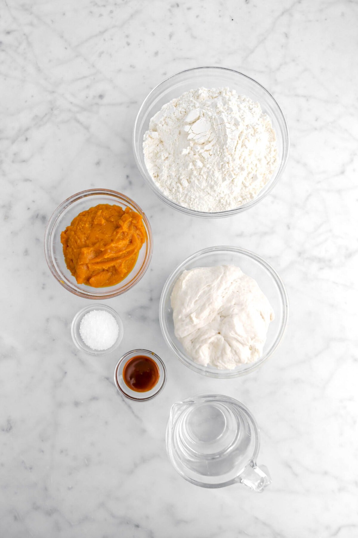 flour, pumpkin, starter dough, salt, barley malt syrup, and water on marble surface.