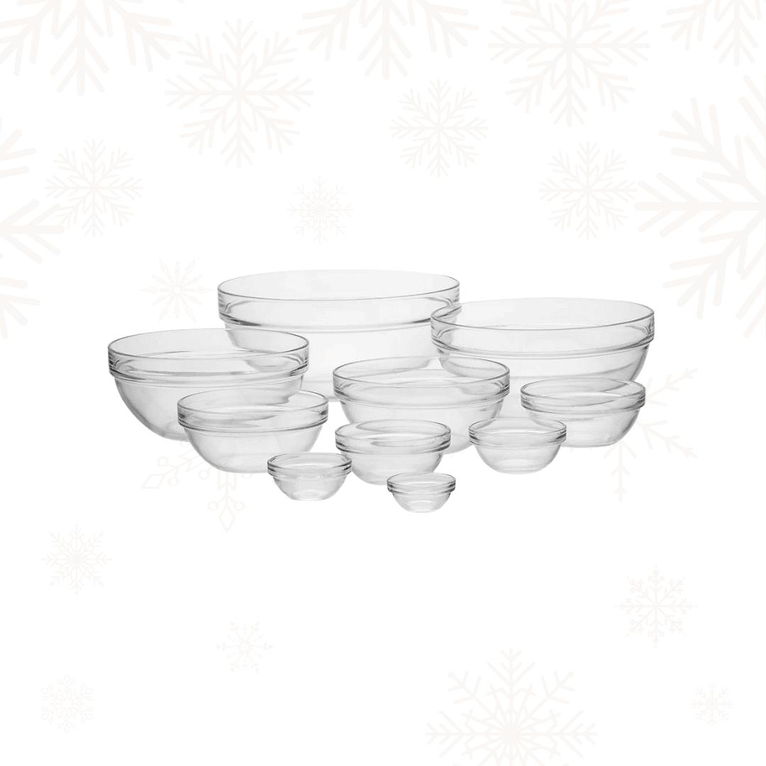 set of ten glass bowls varying in size.
