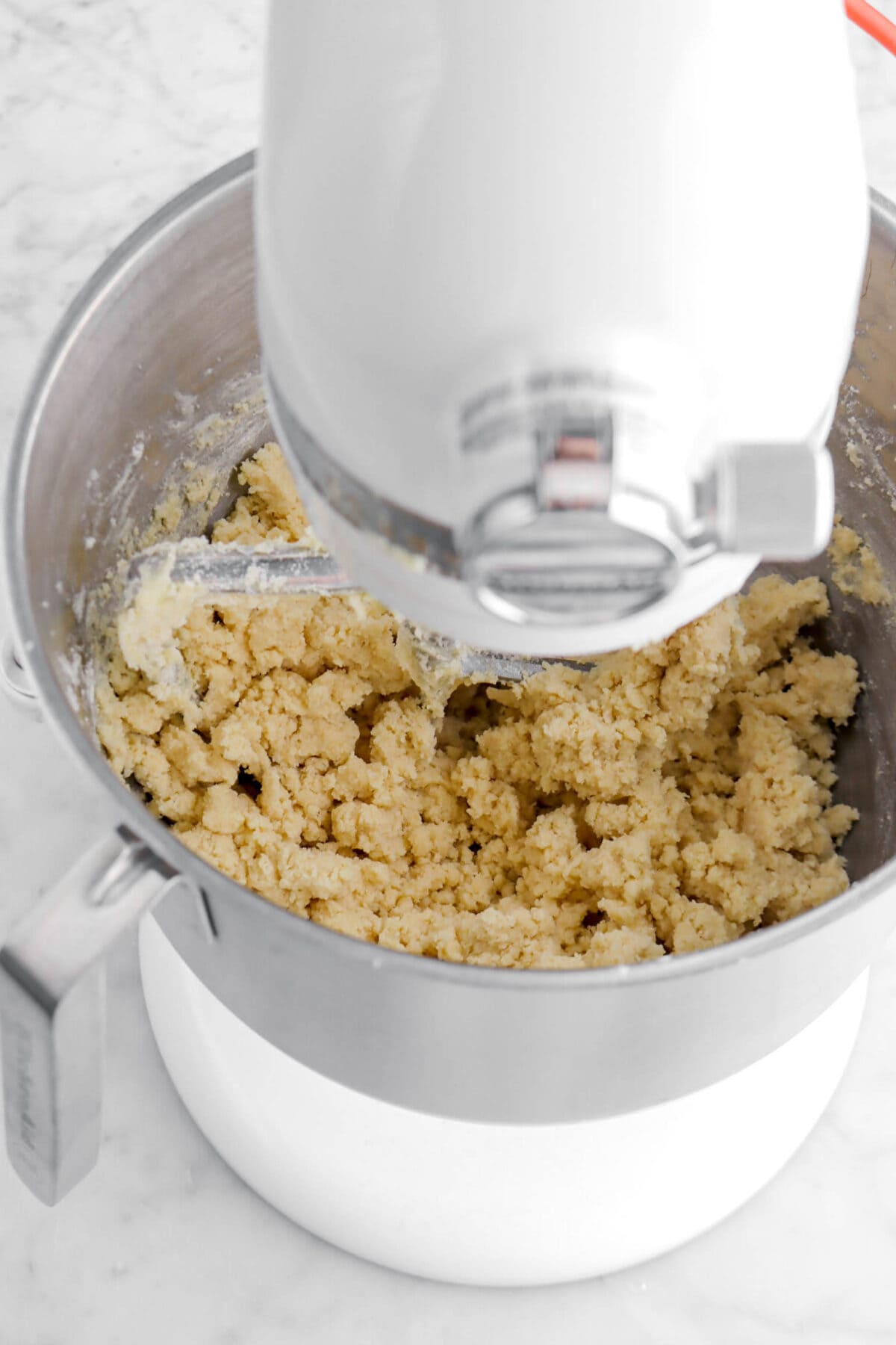 crumbly cookie dough in stand mixer bowl.