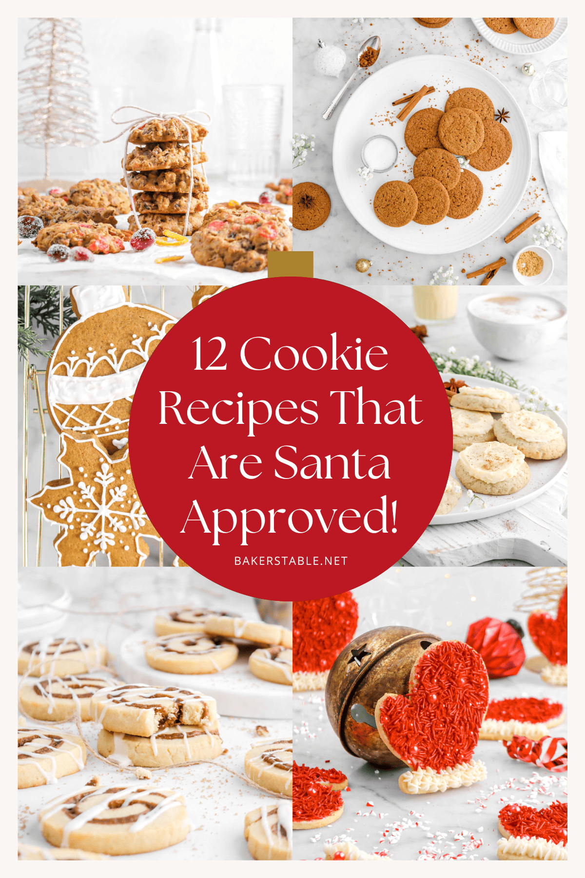 Six different cookie images in a collage with text reading, "12 cookie recipes that are Santa approved!".