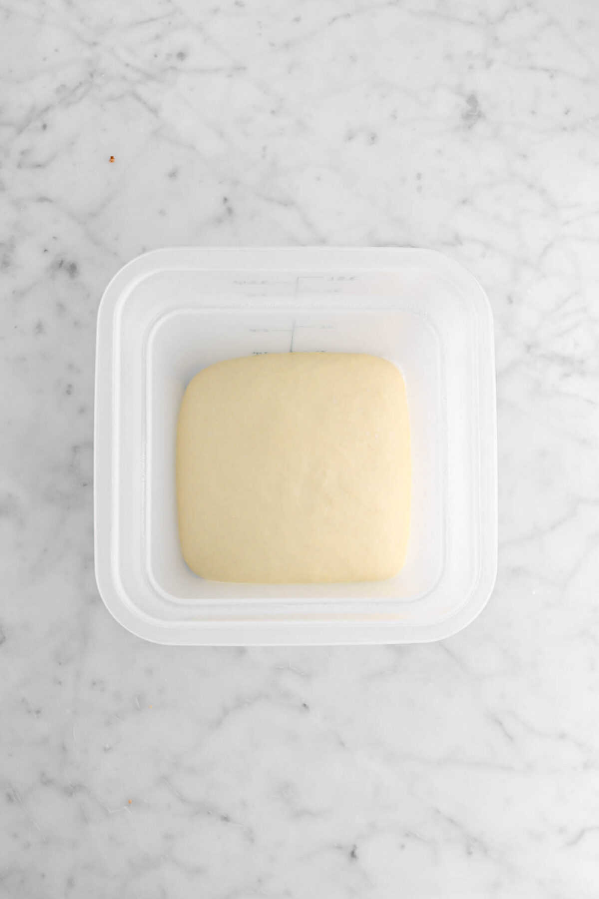 proofed dough in square plastic container.