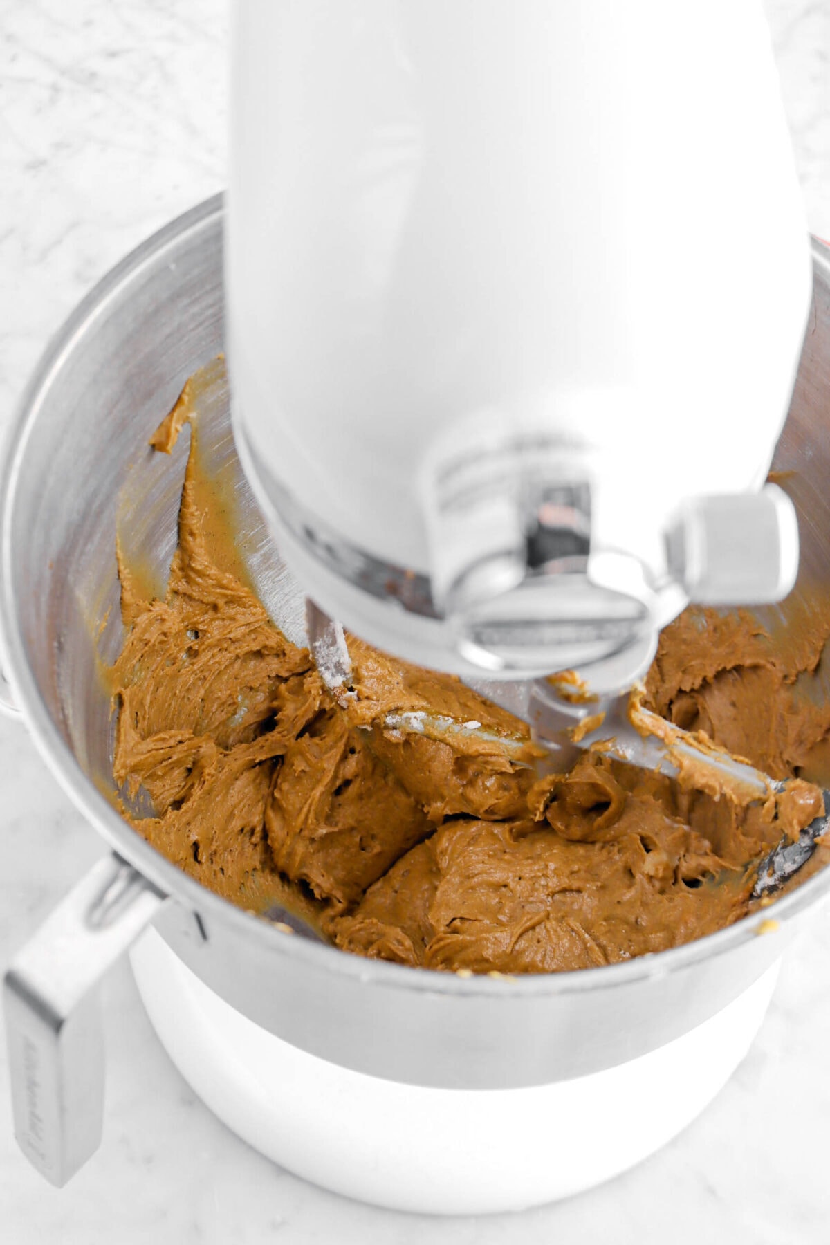 gingerbread cake batter in stand mixer.